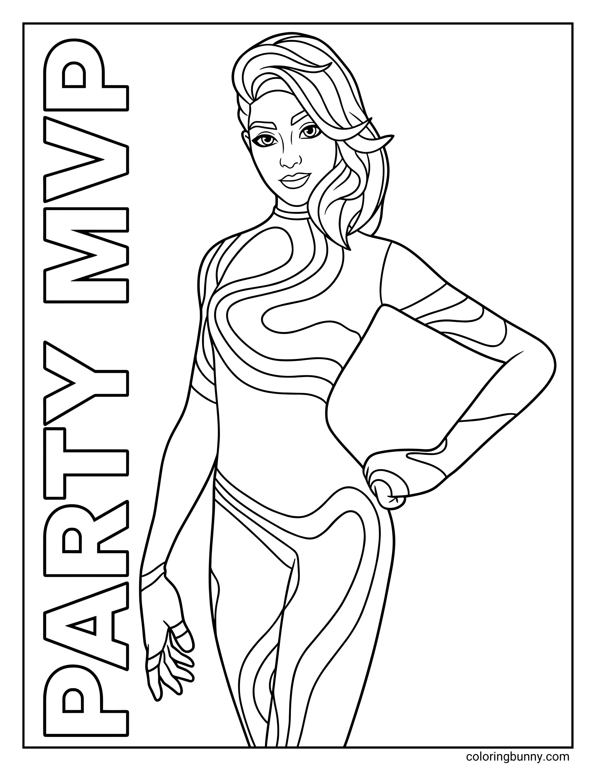 A coloring page of the female Fortnite character Party MVP posing confidently with her hand on her hip, wearing a bodysuit with a wavy pattern next to the text "PARTY MVP."