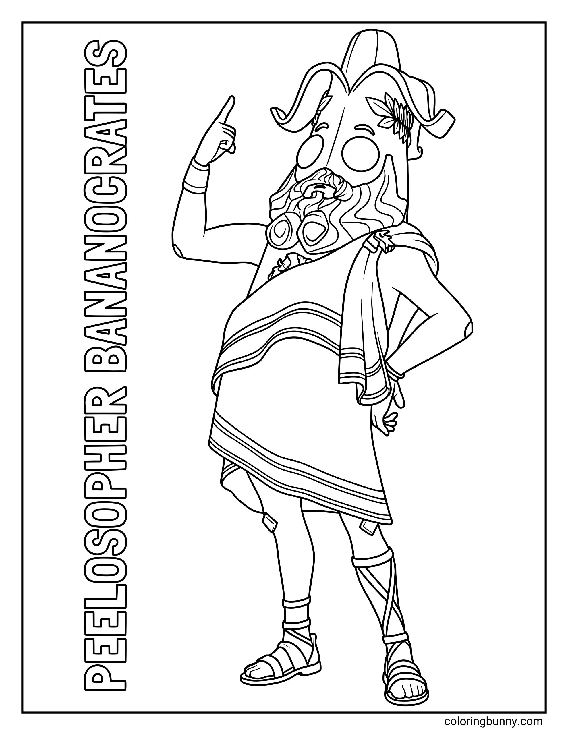 A coloring page of the banana Fortnite character Peelosopher Bananocrates wearing a toga, sandals, and a fake beard, pointing his finger up in the air next to his name.