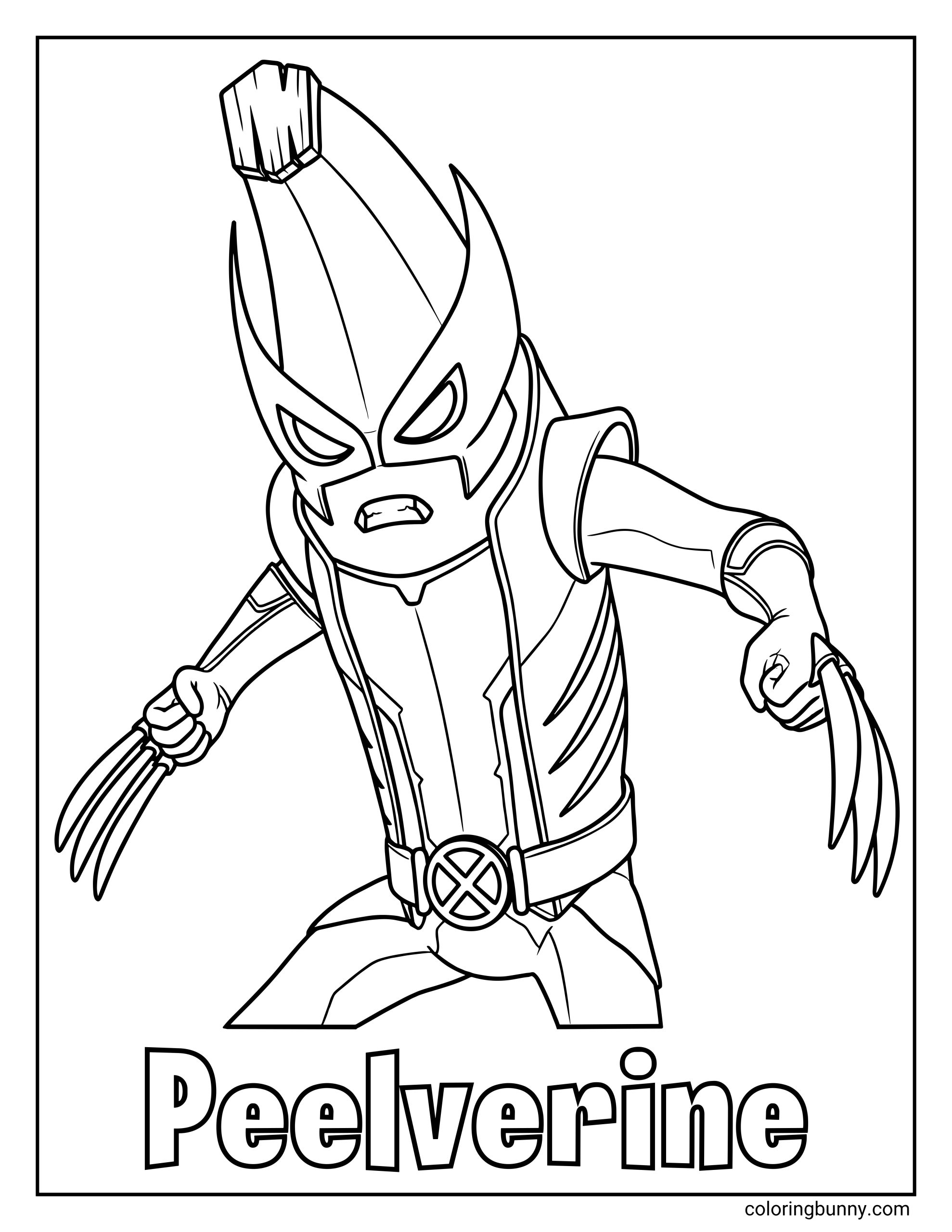 A Fortnite coloring page of Peelverine, Peely dressed as Wolverine, crouching with claws extended above the text "Wolverine Peely."