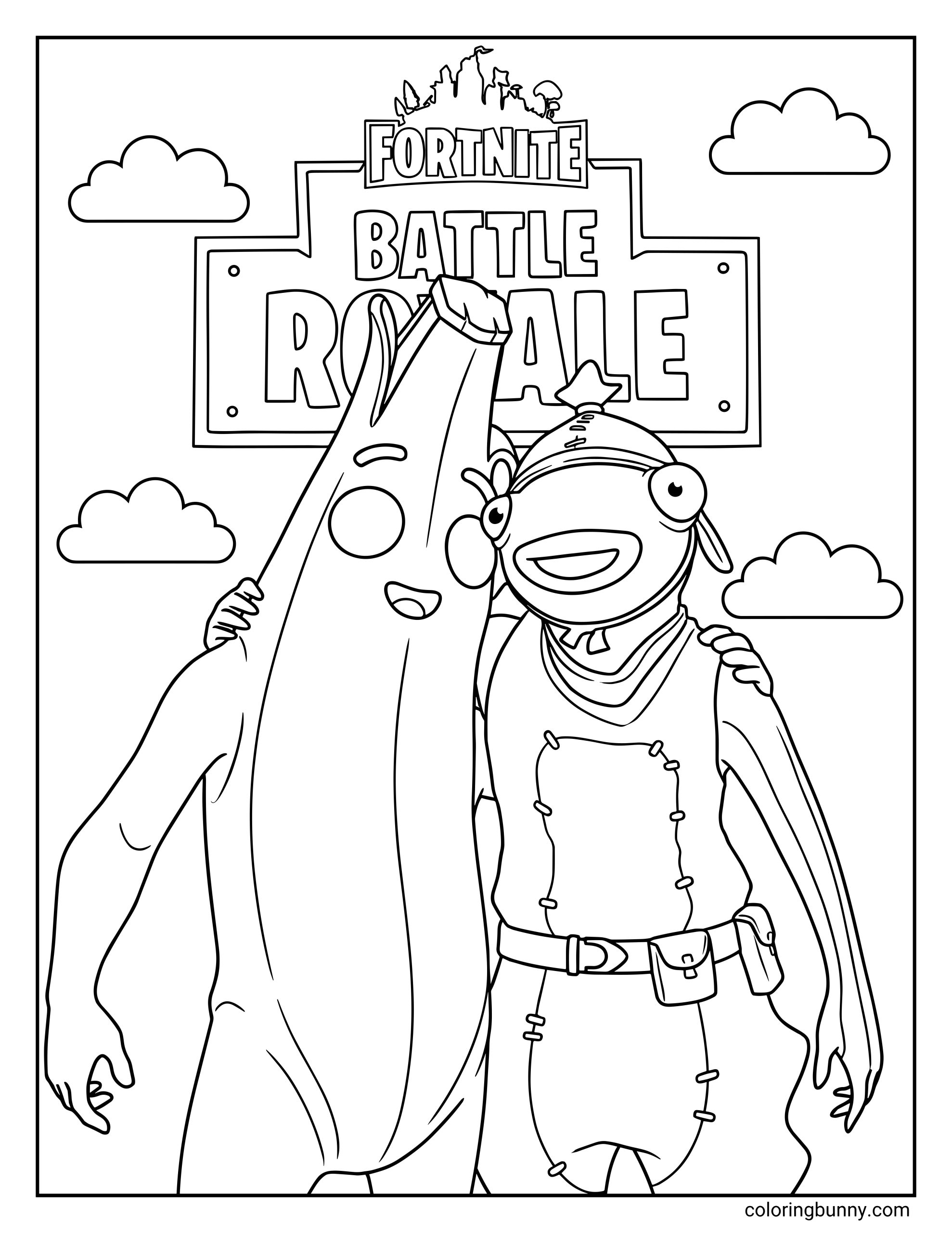 A coloring page of the Fortnite characters Peely and Fishstick with their arms around each other, standing in front of the Fortnite Battle Royale logo.