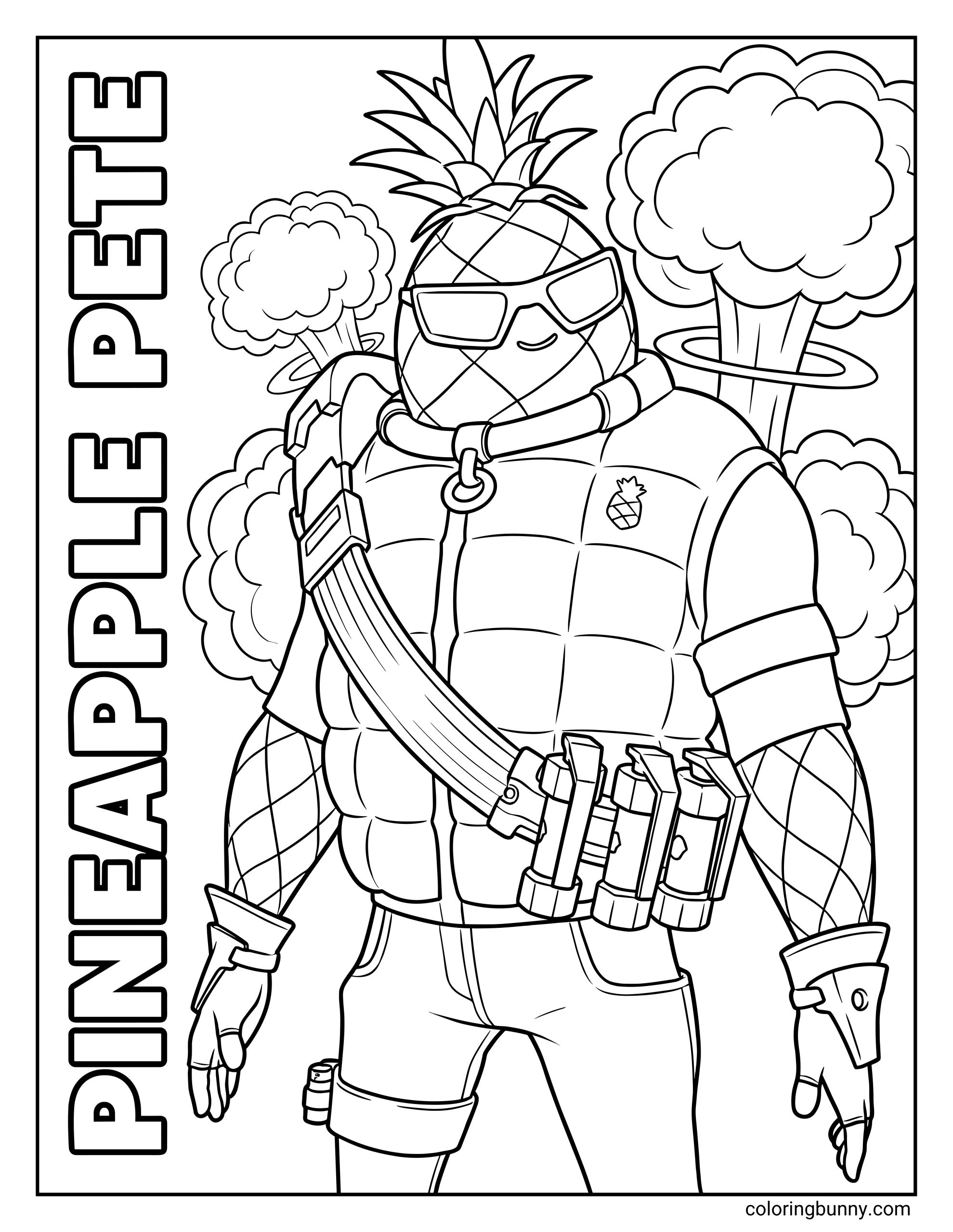 A coloring page of the Fortnite character Pineapple Pete, who has a pineapple head and wears sunglasses, standing confidently in front of large mushroom cloud explosions.