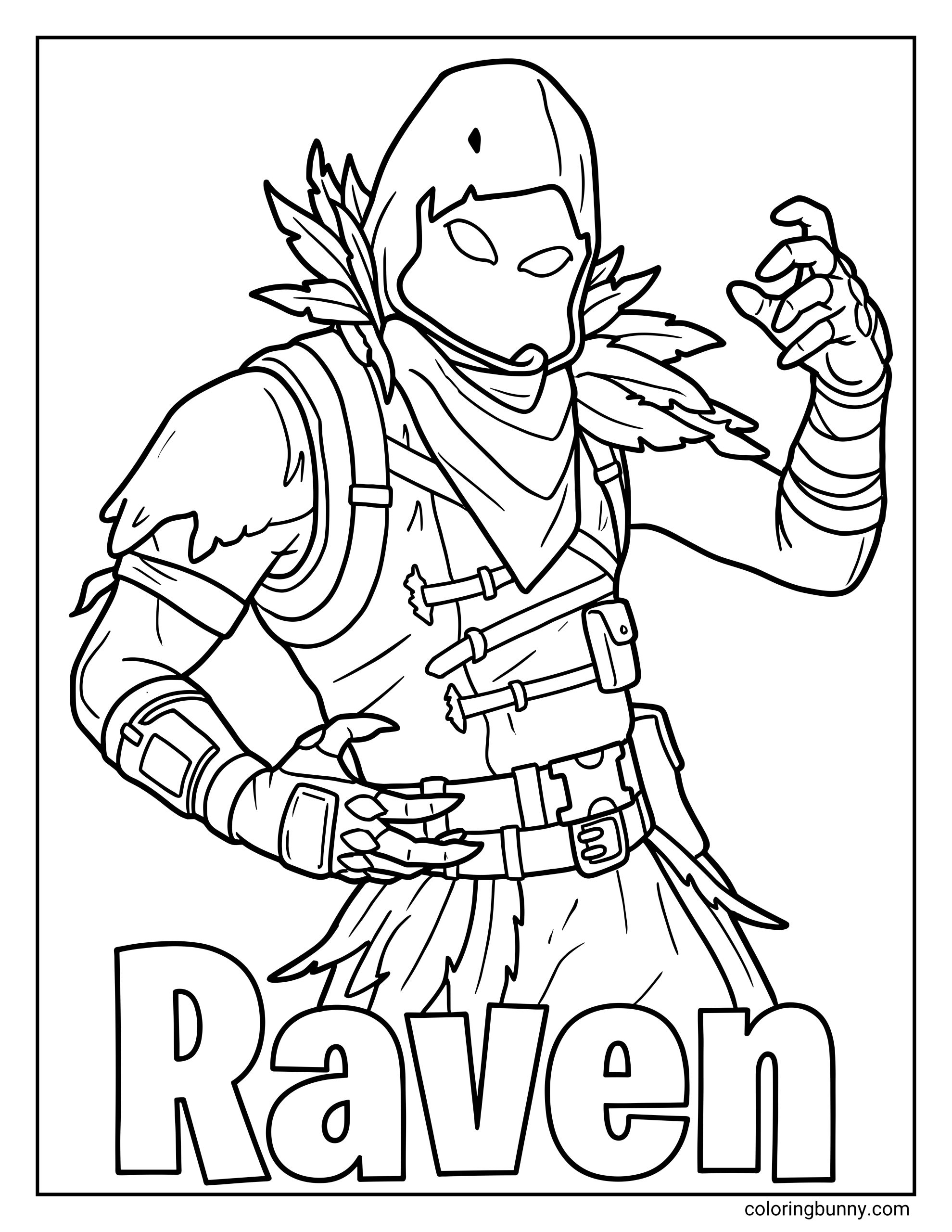A coloring sheet featuring the Fortnite character Raven in his hooded costume with the text "Raven" at the bottom.