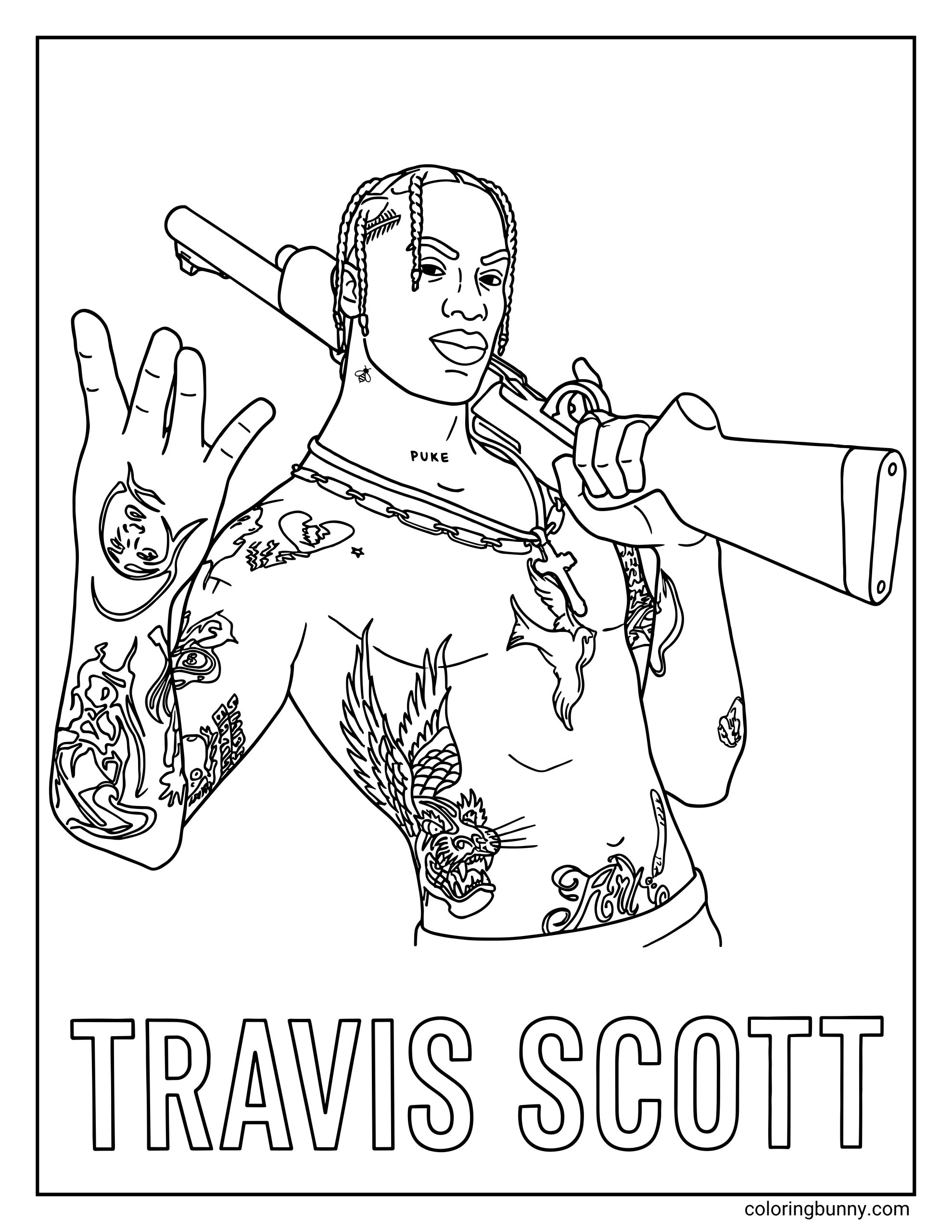 A Fortnite Travis Scott coloring page of the character Travis Scott, shirtless with tattoos, holding a rifle over his shoulder above his name.