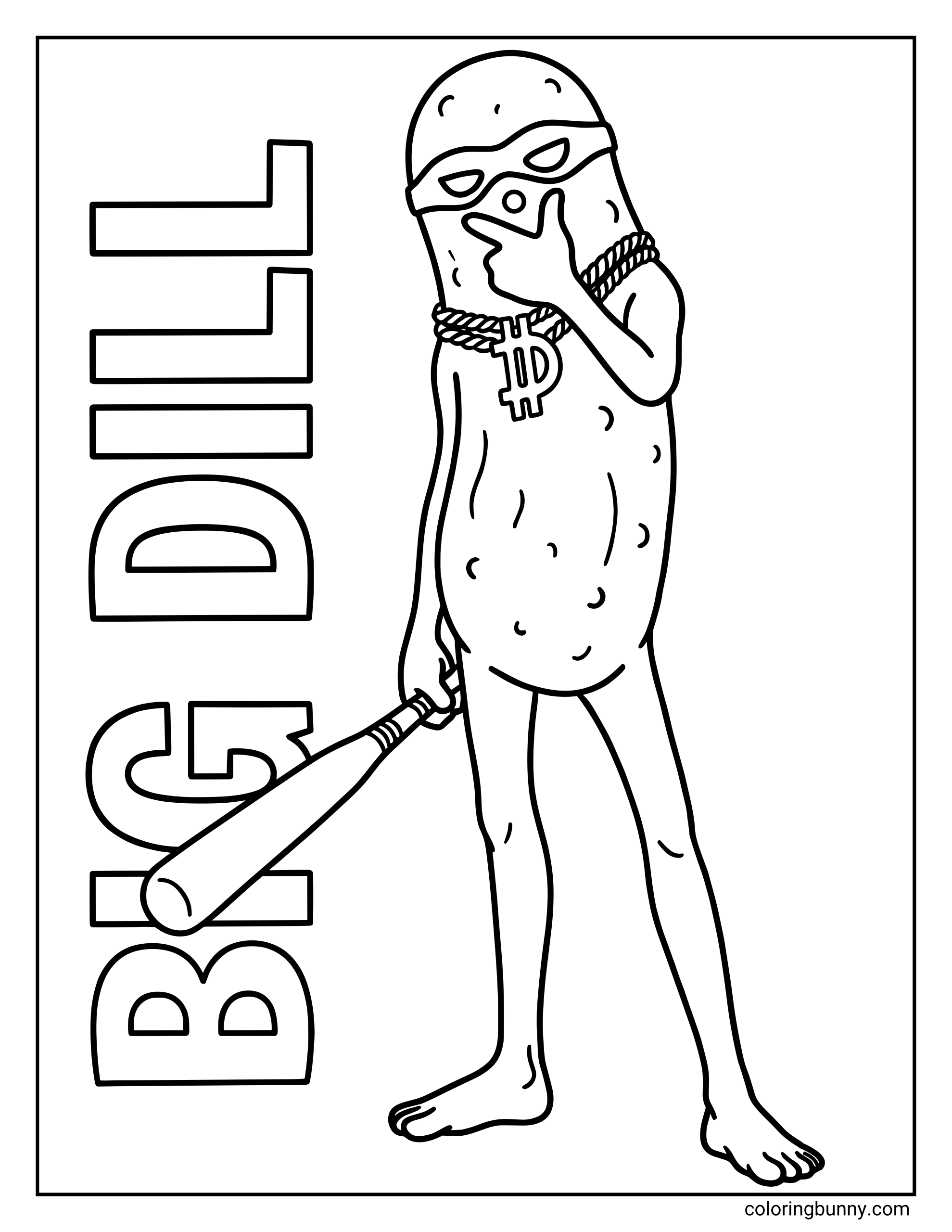 A Fortnite coloring page of the pickle character Big Dill wearing a bandit mask and gold chain, holding a baseball bat next to the text "BIG DILL."
