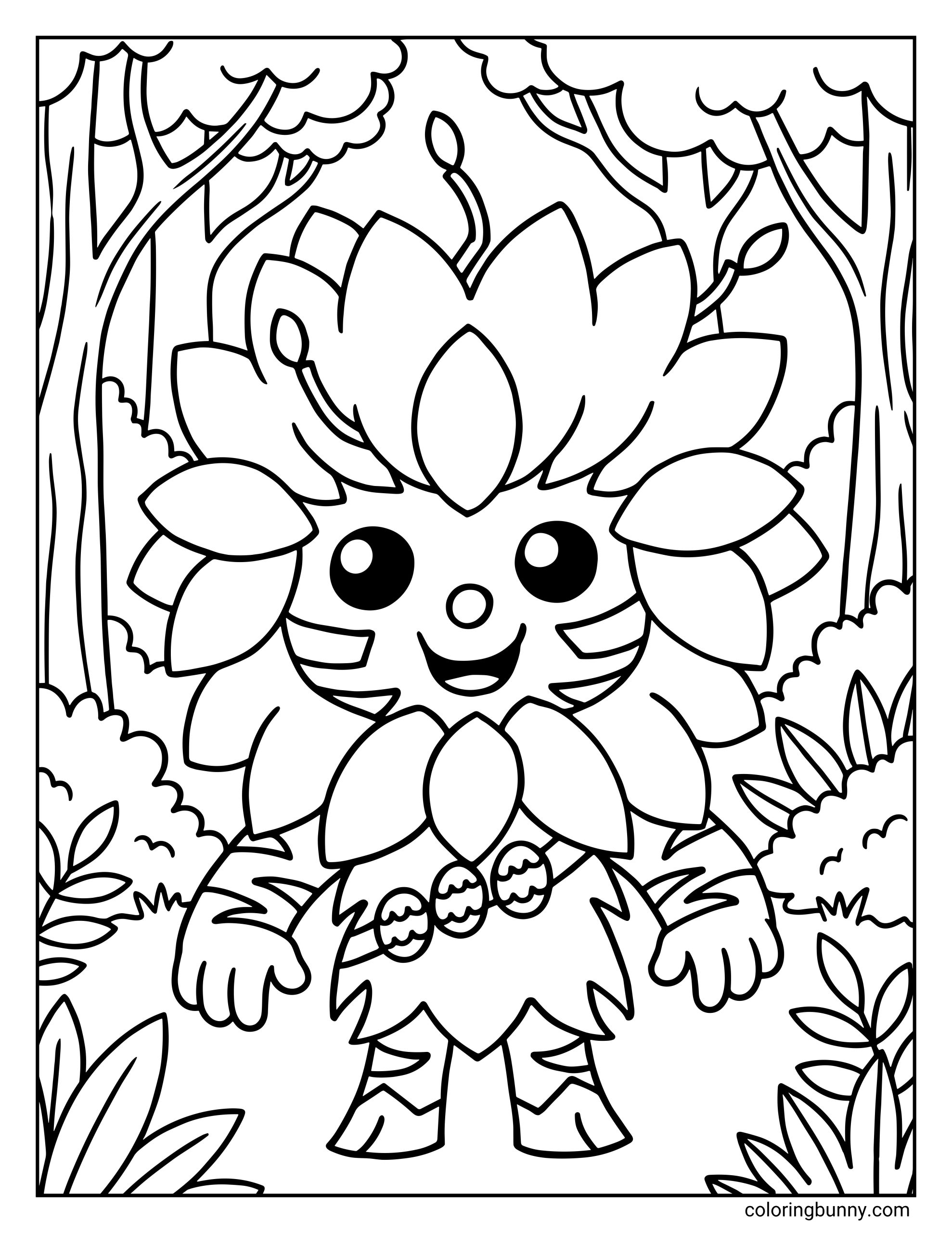 A coloring page featuring a cute chibi version of the Fortnite character Bushranger standing in a forest filled with trees and bushes.