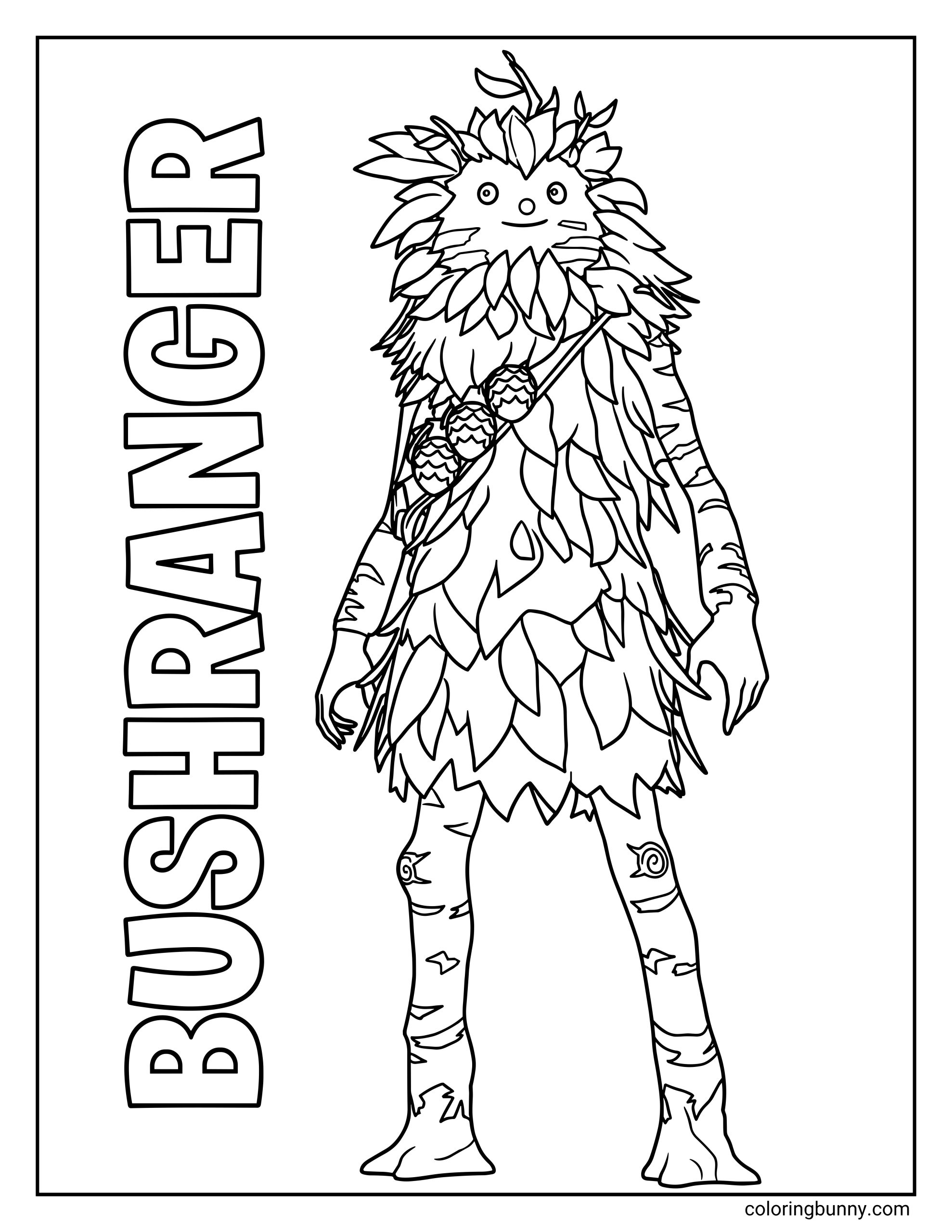 A detailed coloring page featuring the nature-themed Fortnite character Bushranger, who is covered in leaves and pinecones, with his name printed vertically on the left.