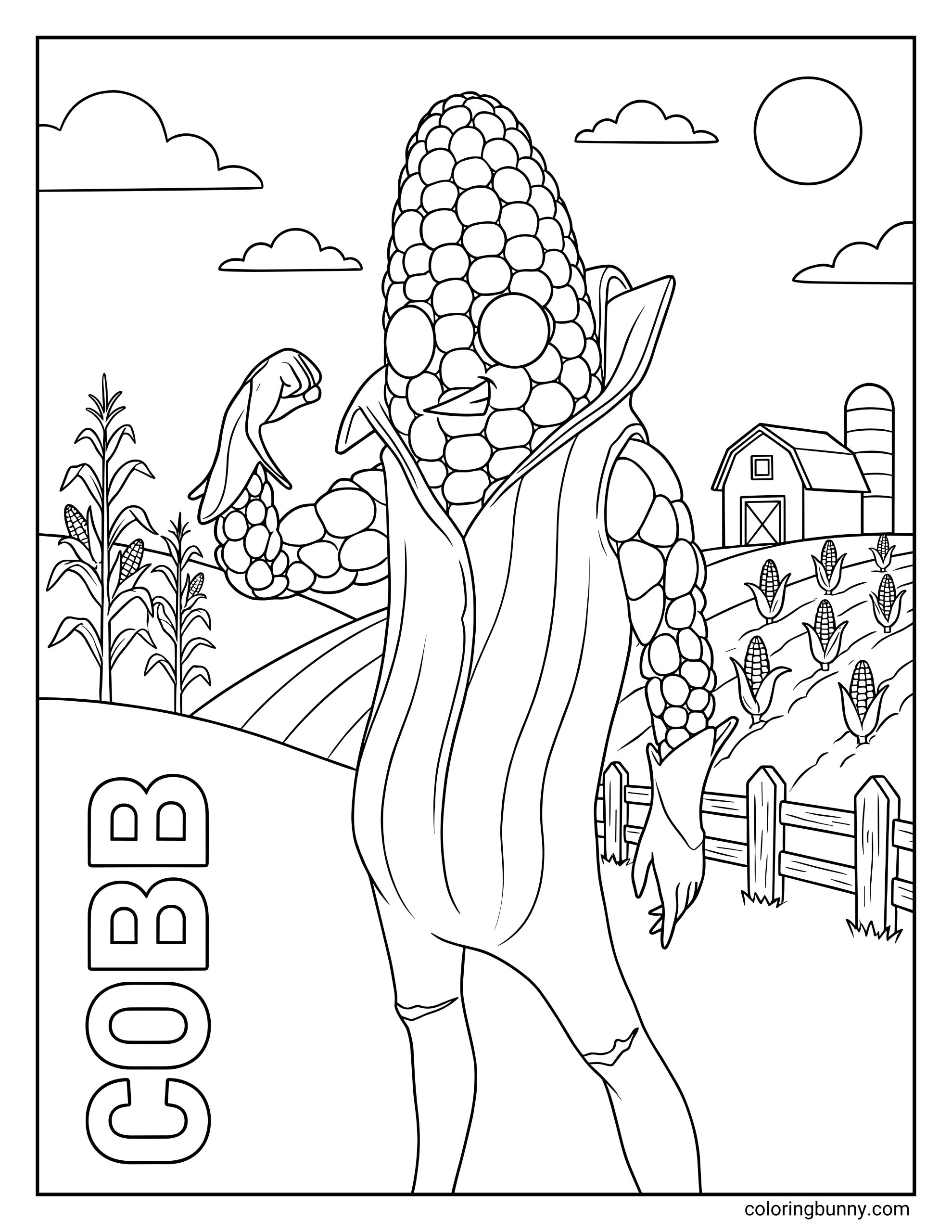 A Fortnite coloring page of the corn character Cobb flexing his muscles in a farm setting with a barn, silo, and cornstalks in the background.