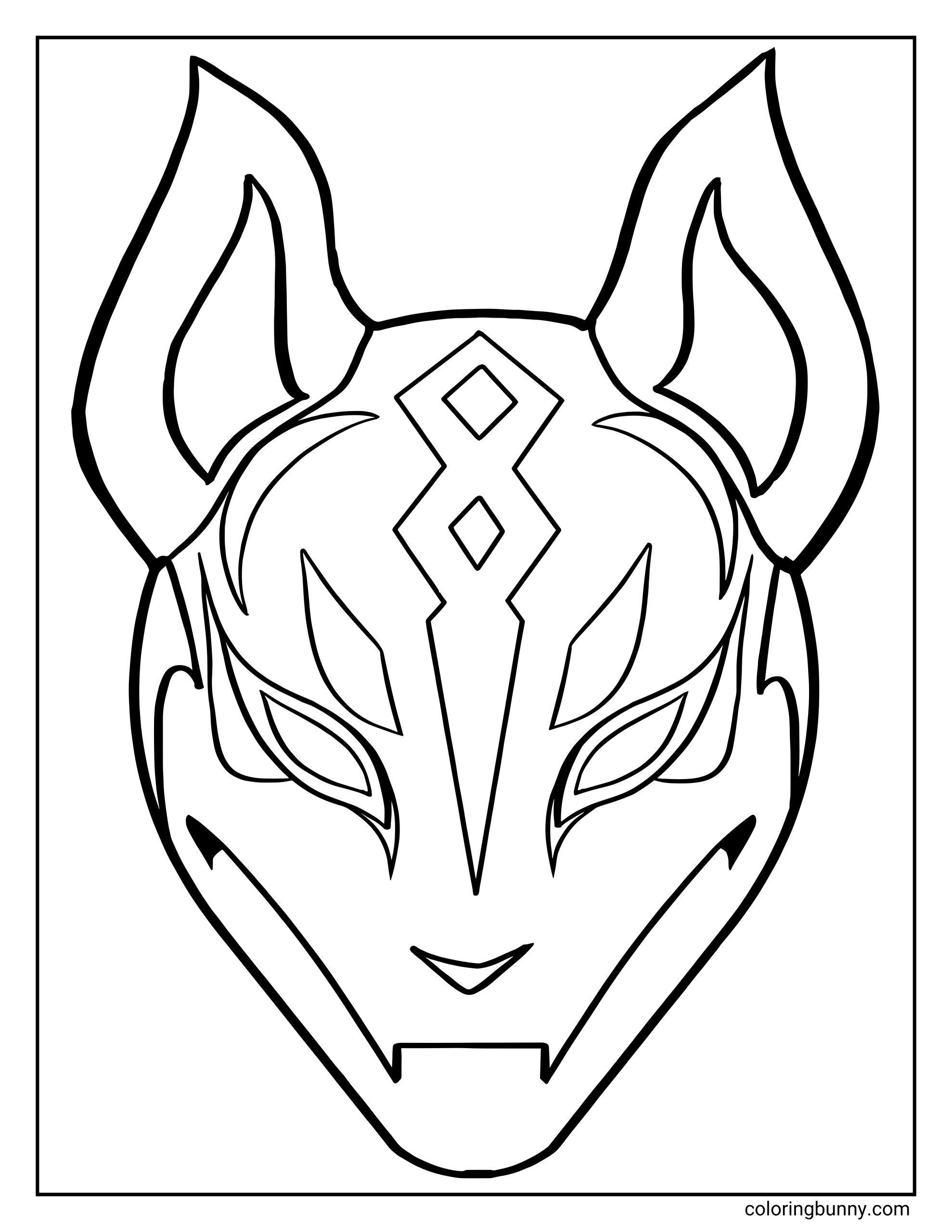 A close-up coloring sheet featuring the iconic Kitsune fox mask worn by the Fortnite character Drift, showing sharp ears and geometric patterns.