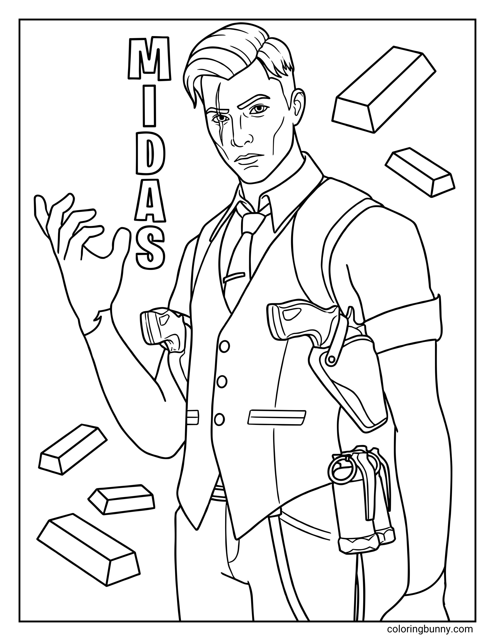 A detailed coloring page of the Fortnite character Midas in his suit and vest, surrounded by floating gold bars next to his name.
