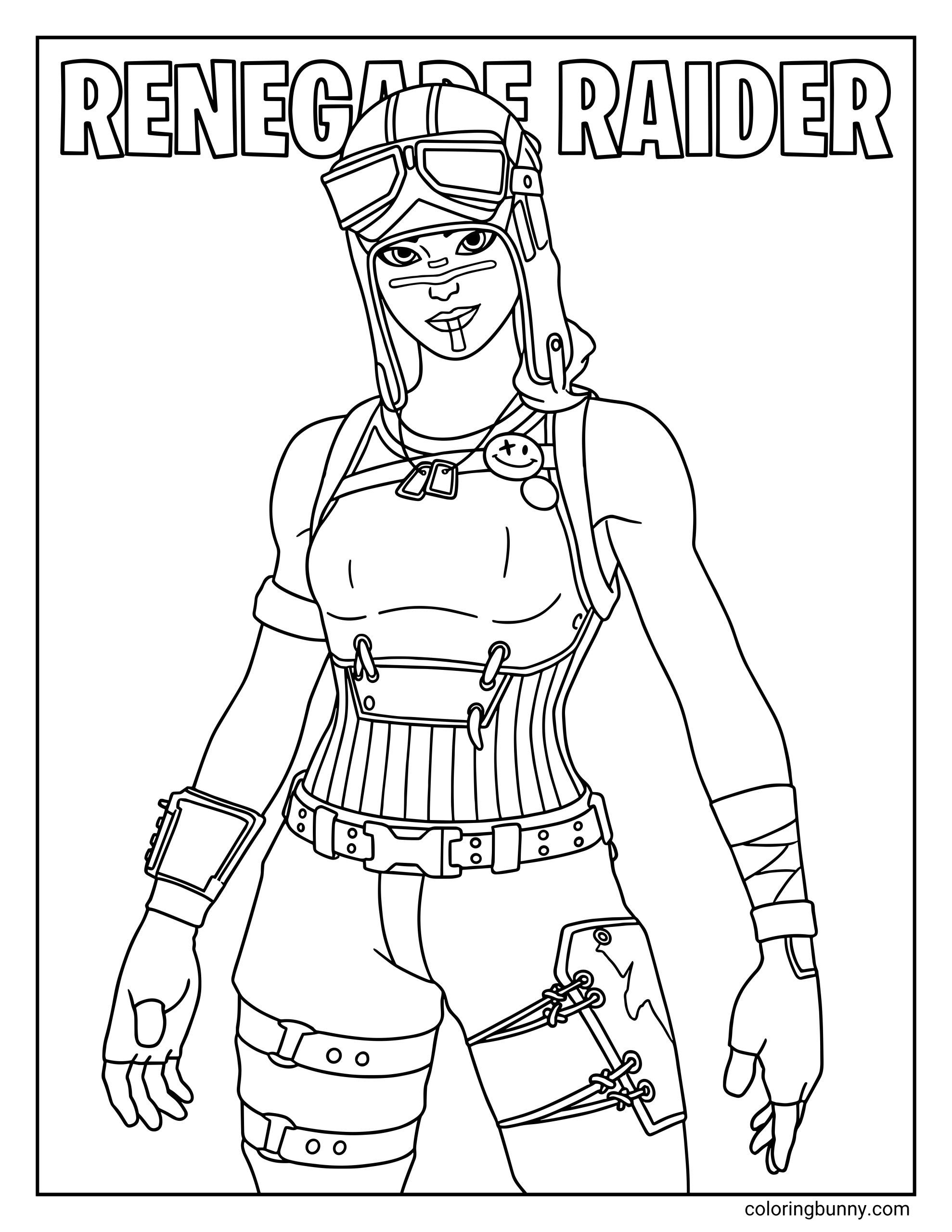 A coloring sheet of the Fortnite character Renegade Raider wearing her signature aviator helmet and goggles under the text "RENEGADE RAIDER."