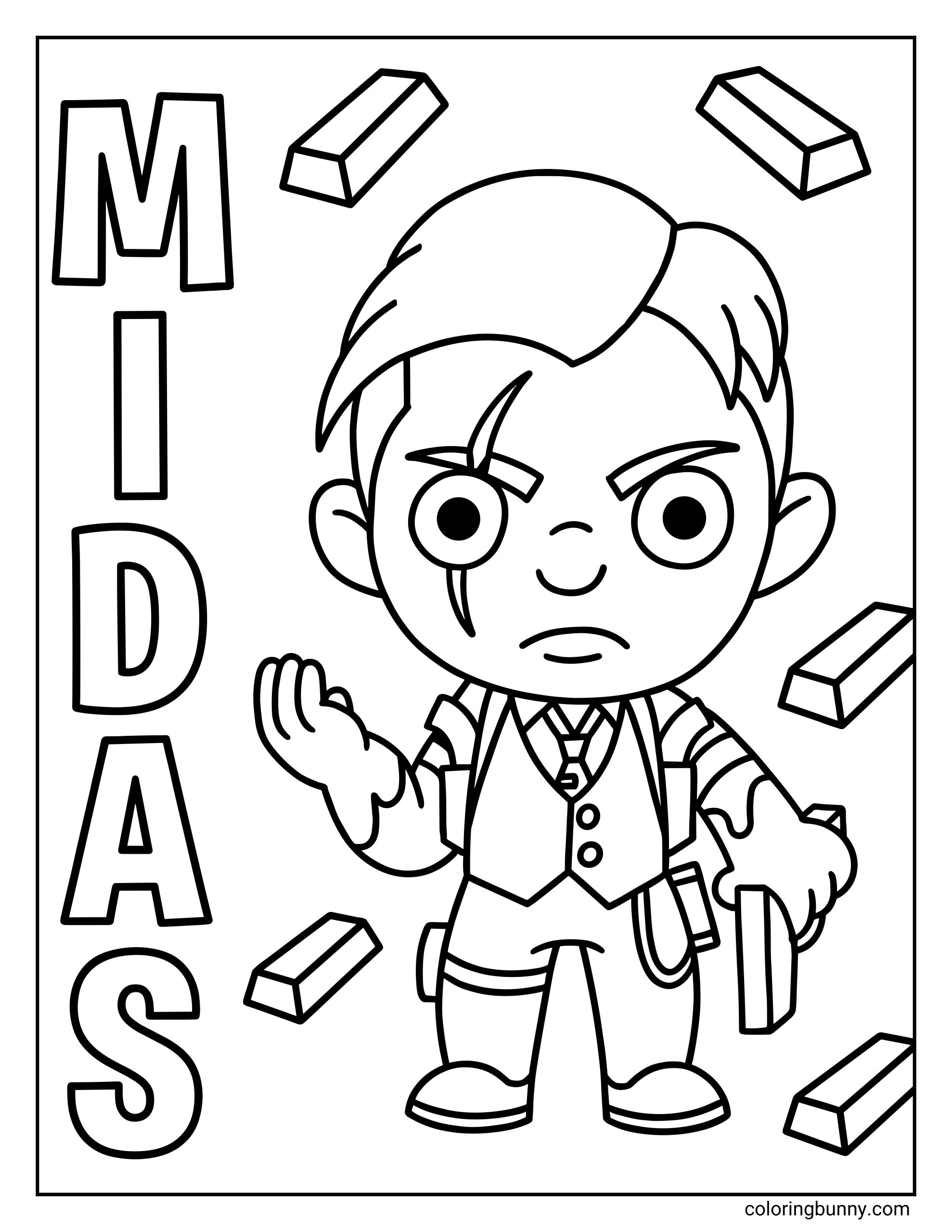 A cute coloring page of a chibi Fortnite Midas character standing with a weapon, surrounded by floating gold bars.