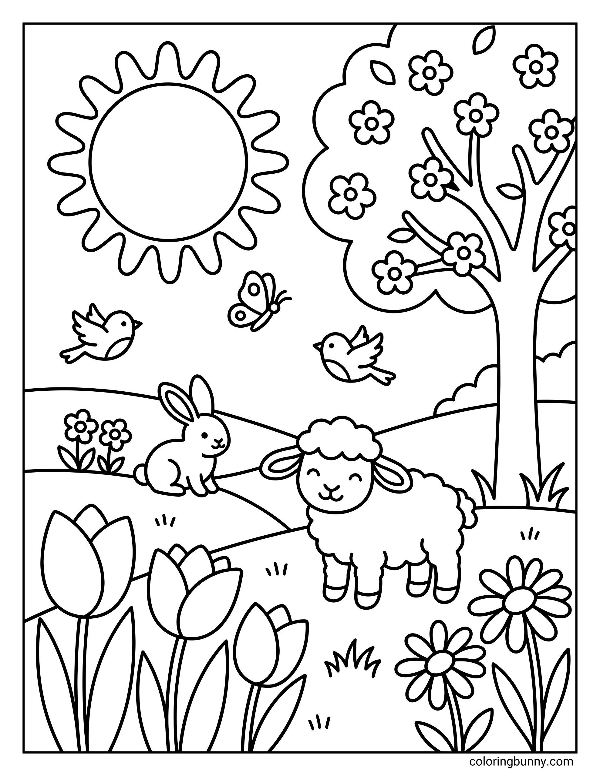 A coloring page featuring a smiling sheep and a rabbit in a Spring meadow with large tulips, a blooming tree, two birds, and a happy sun.