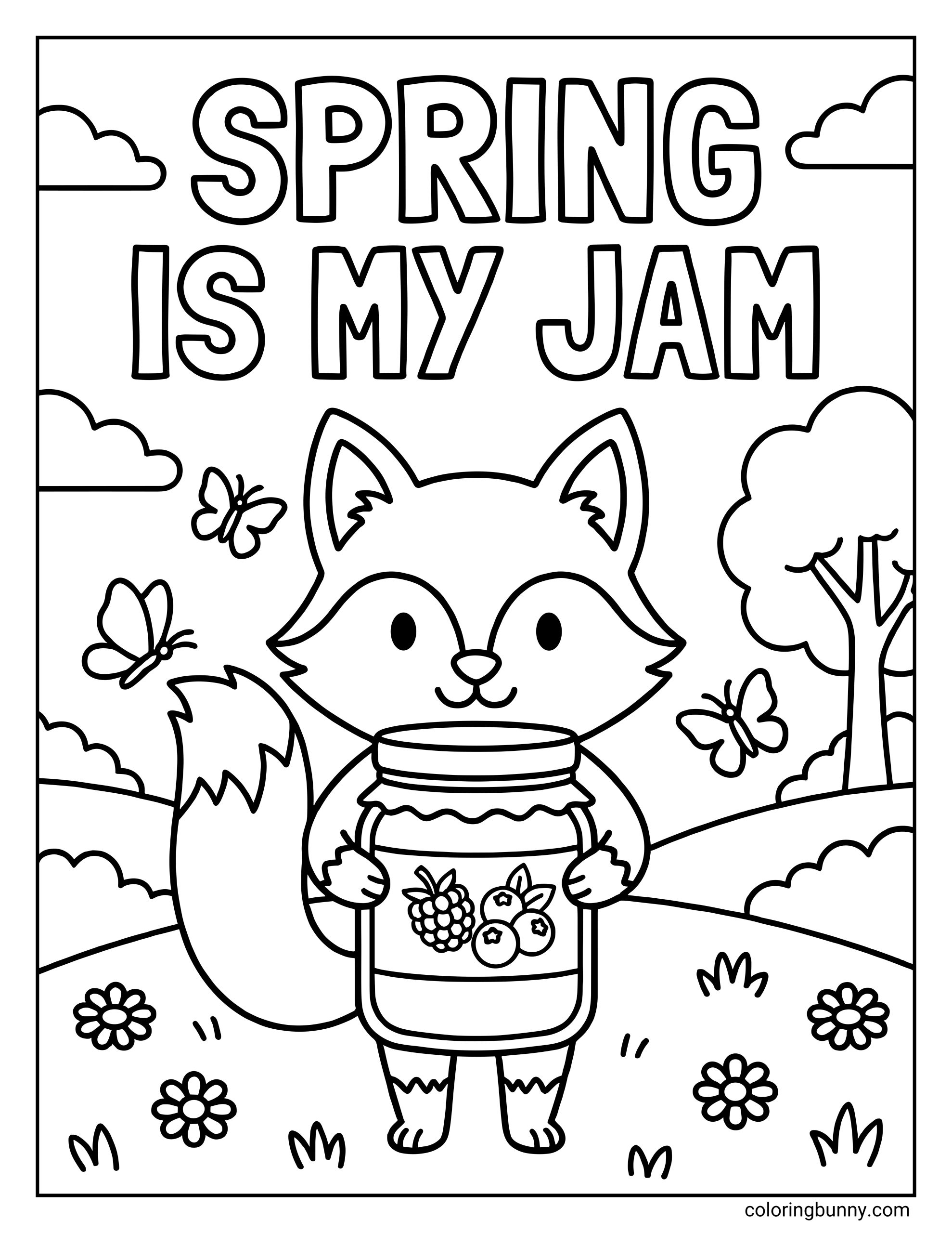 A Spring coloring page featuring the text "SPRING IS MY JAM" above a cute fox holding a jar of berry jam, surrounded by butterflies and trees.