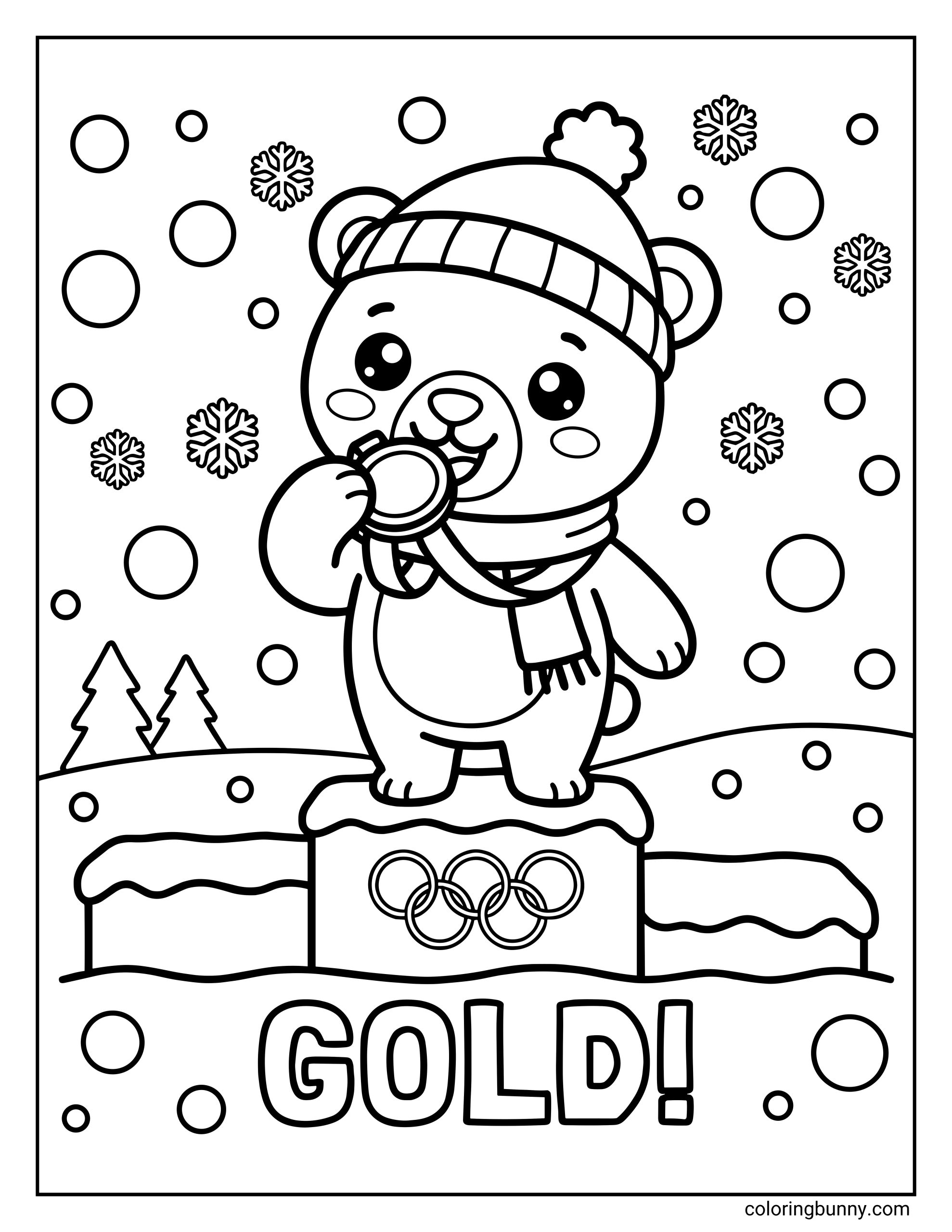 A cute Winter Olympics coloring page featuring a smiling bear wearing a winter hat and scarf, standing on a snowy podium while holding a gold medal in its mouth. Snowflakes fall in the background, and the word “GOLD!” appears below.