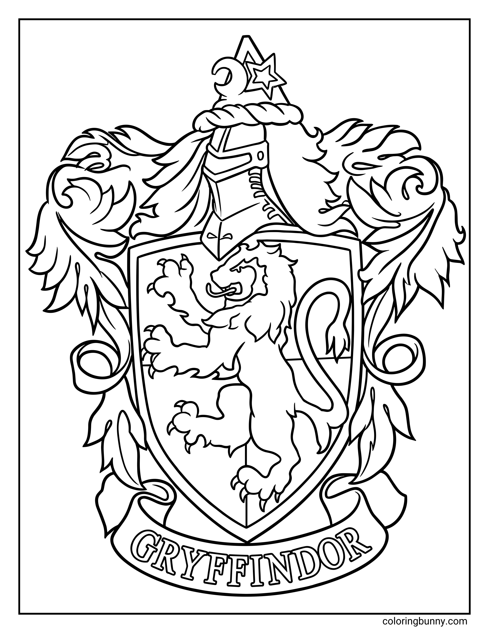 A Gryffindor crest coloring page featuring a large shield with a proud lion standing on its hind legs in the center. The shield is topped with a knight’s helmet and surrounded by decorative feather-like shapes and elegant scrollwork. A banner at the bottom displays the word “Gryffindor” in bold letters, creating a detailed and iconic magical emblem.