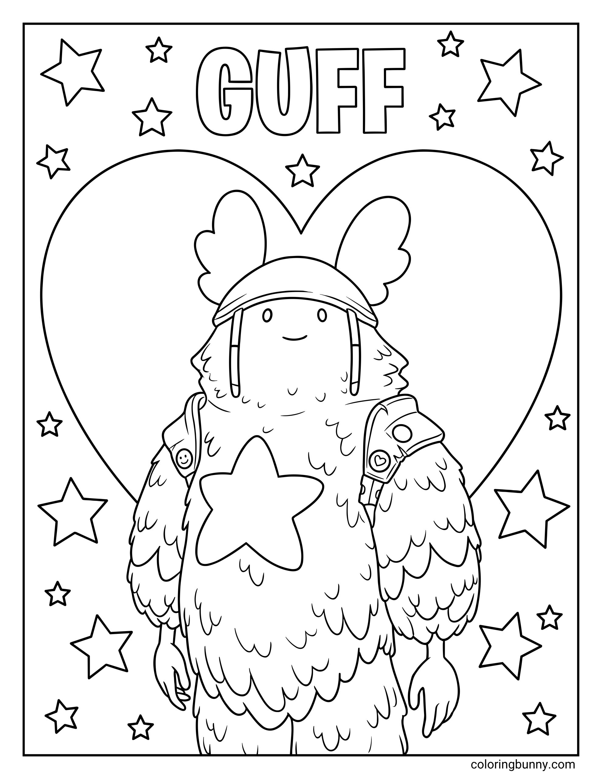 A coloring page of the Fortnite character Guff smiling in front of a large heart background with stars.