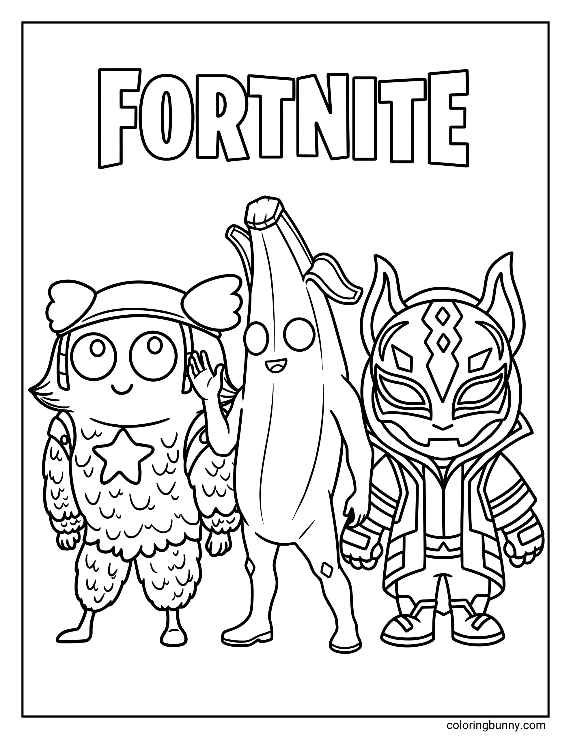 A cute coloring sheet featuring chibi versions of Fortnite characters Guff, Peely, and Drift standing together under the main Fortnite logo.