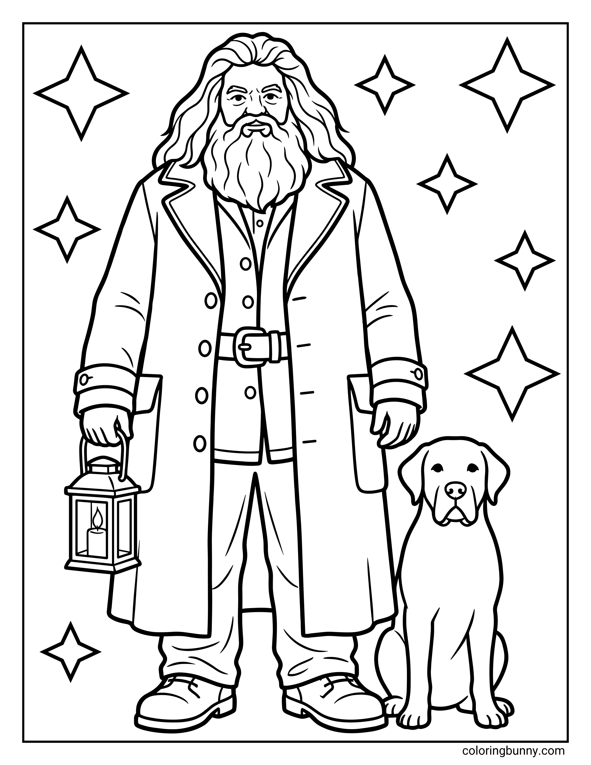 A Hagrid and Fang coloring page featuring a large bearded Hagrid standing beside his dog while holding a lantern. He wears a long coat and stands surrounded by stars. The loyal dog sits calmly at his side in this magical nighttime scene.
