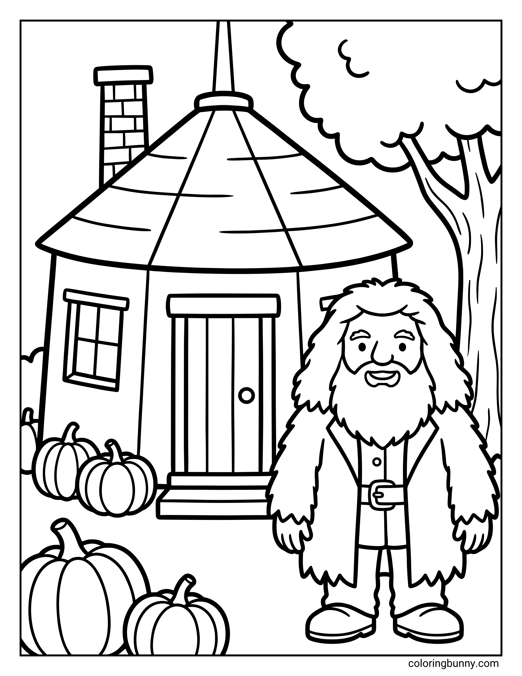 A Hagrid’s Hut Harry Potter coloring page featuring a large bearded Hagrid standing outside his small round cottage hut with a chimney and wooden door. Pumpkins sit on the ground around the hut, and a tall tree stands nearby. The scene shows a cozy outdoor setting.