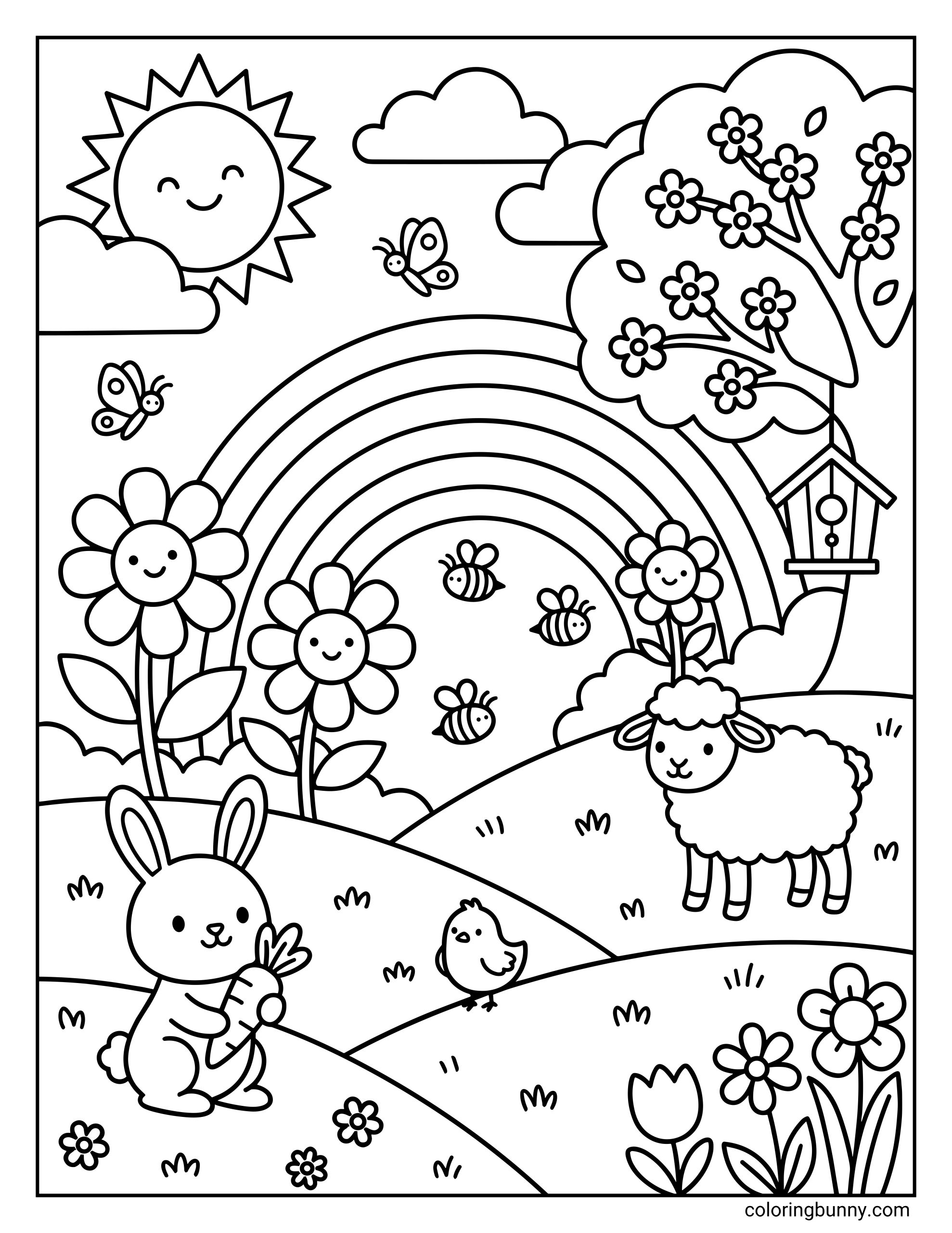 A black and white Spring coloring sheet with a rabbit with a carrot, a chick, and a sheep in a meadow with a rainbow, smiling sun, happy flowers, and a birdhouse.