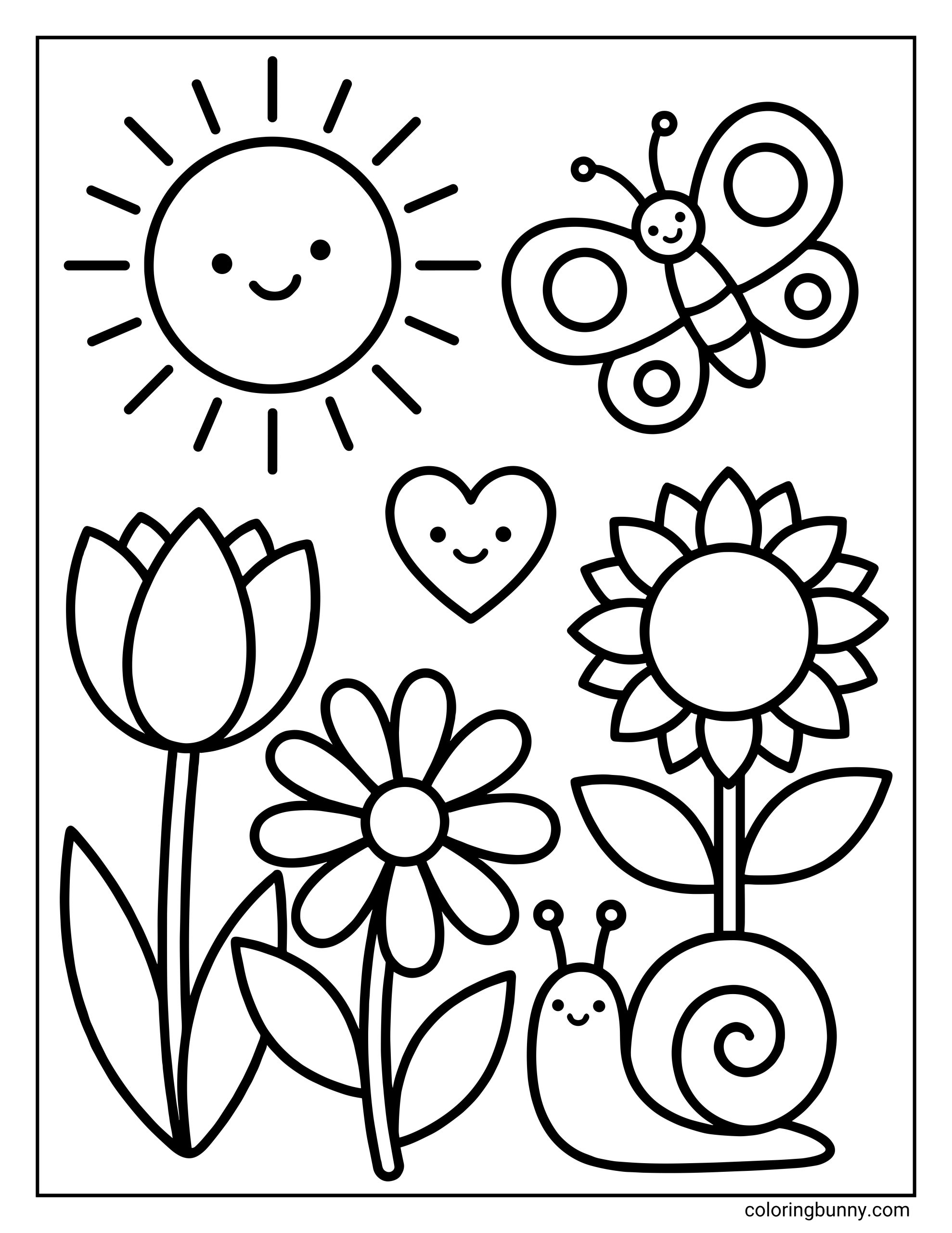 A simple and cute Spring coloring page featuring a smiling sun, a butterfly, a heart, three large flowers, and a smiling snail.