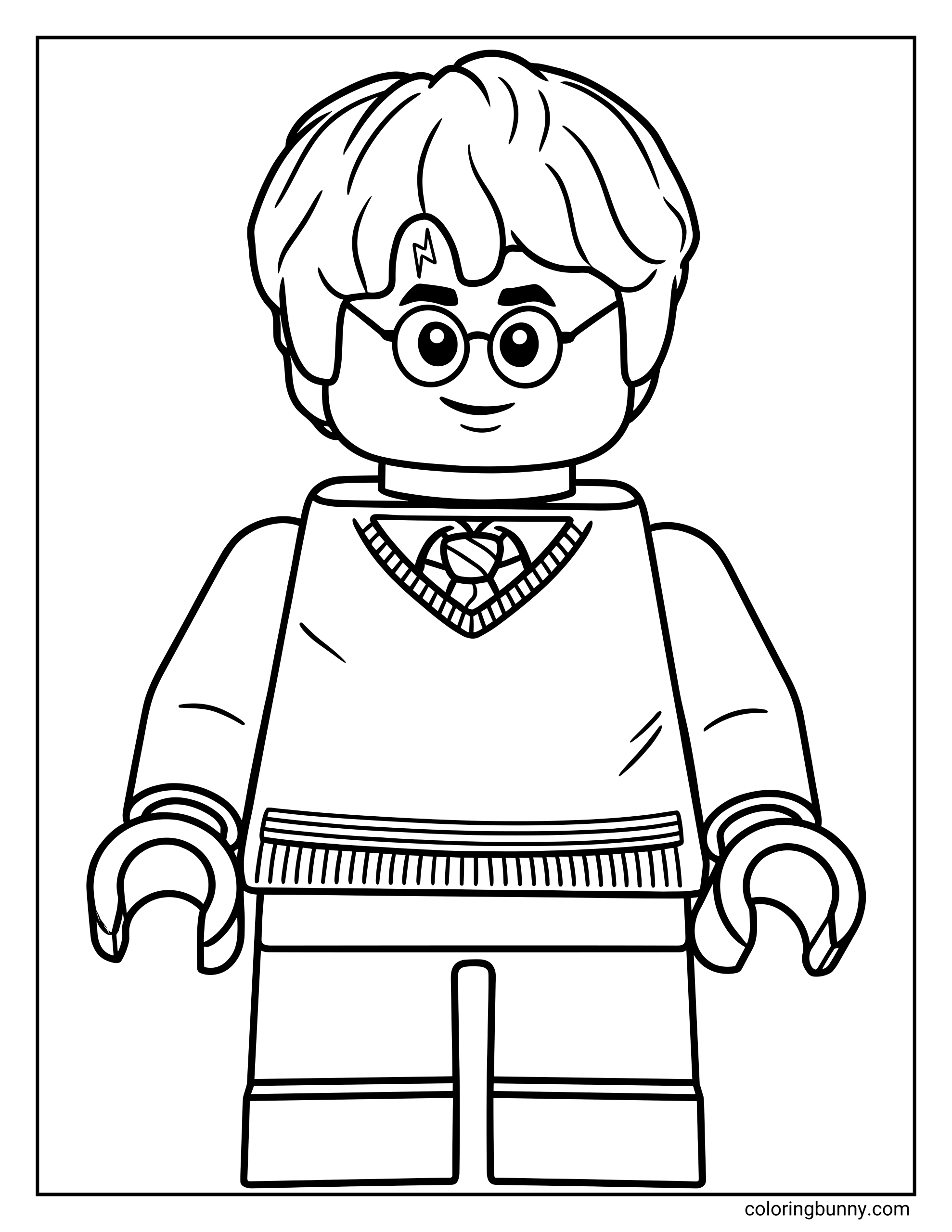 A LEGO Harry Potter coloring page featuring a minifigure version of Harry with round glasses, lightning scar, sweater, and tie, standing in a simple front-facing pose.