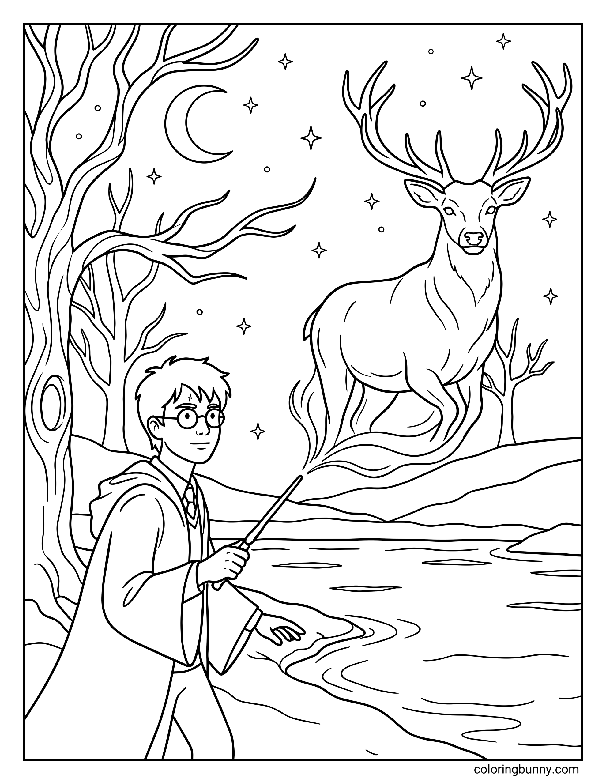 A Harry Potter Patronus coloring page featuring Harry holding his wand beside a lake at night. Across the water stands a glowing stag with large antlers, surrounded by stars and bare trees under a crescent moon. The scene shows a magical encounter in a peaceful forest setting.