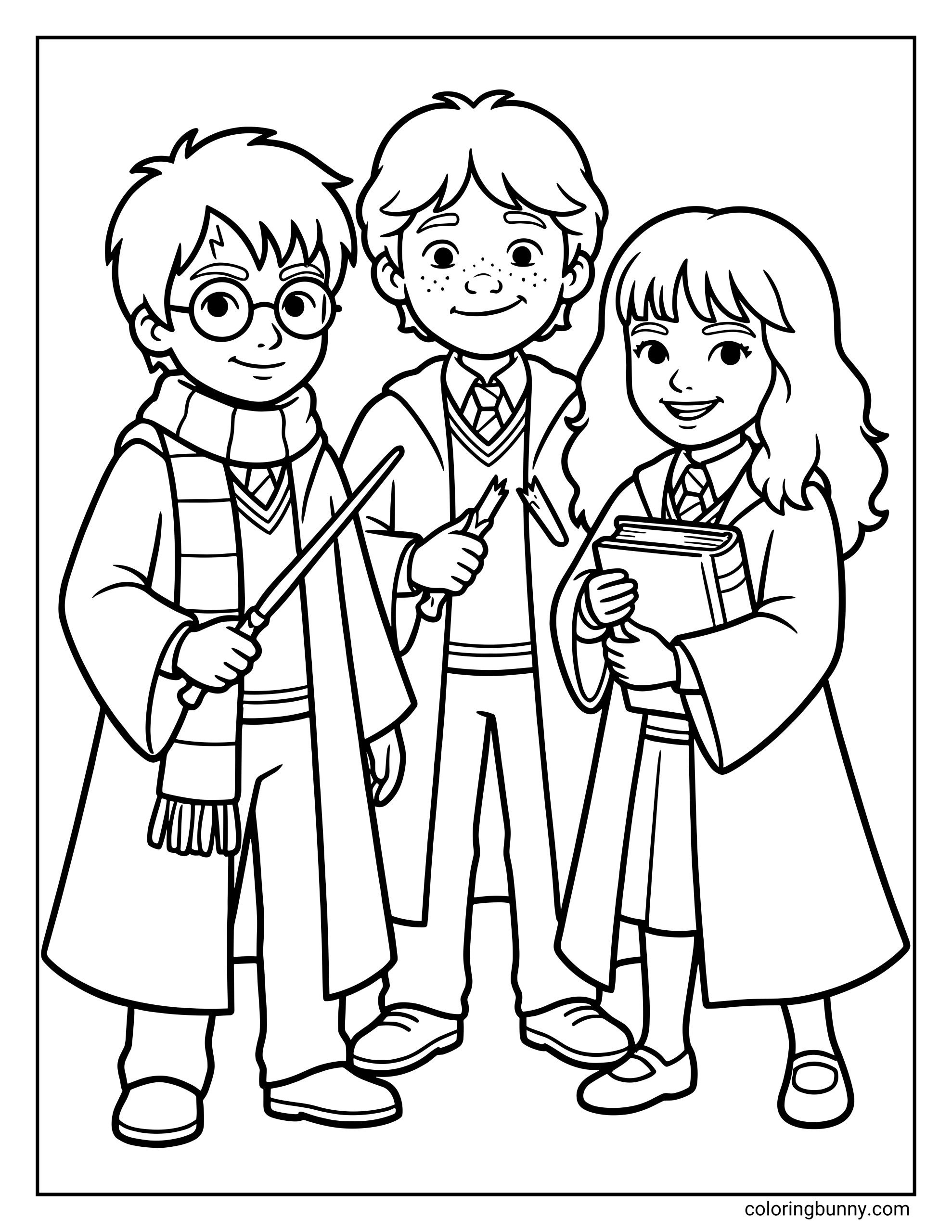 A cute coloring page of Harry Potter wearing a scarf, Ron Weasley holding a broken wand taped together, and Hermione Granger clutching a school book.