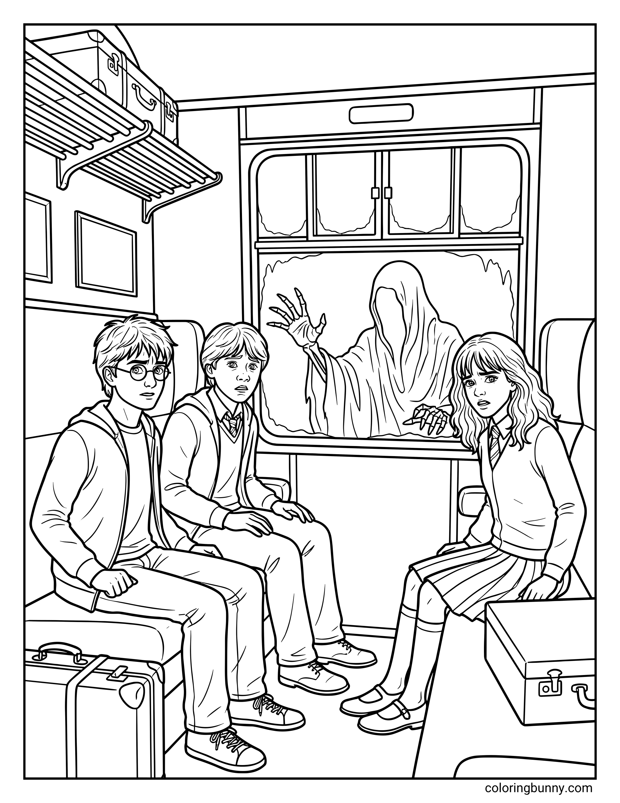 A Harry Potter train coloring page featuring Harry Potter, Ron Weasley and Hermione Granger sitting inside a train compartment with suitcases nearby. Outside the window, a dark hooded Dementor reaches toward the glass.