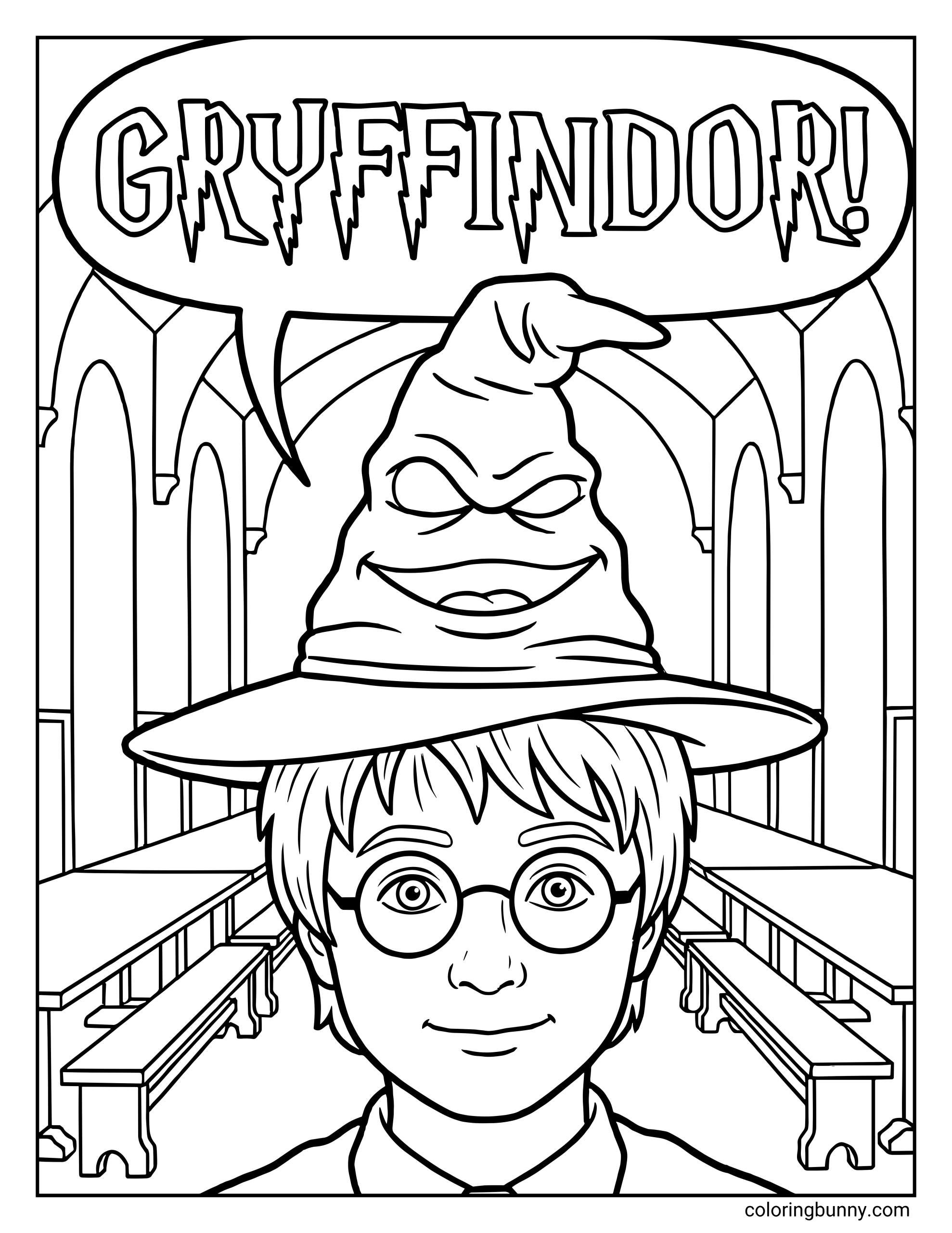 A Harry Potter Sorting Hat coloring page featuring the young wizard with round glasses wearing the magical Sorting Hat. The hat speaks “Gryffindor!” in a speech bubble above. He sits in a large hall with long benches and tall windows in the background.