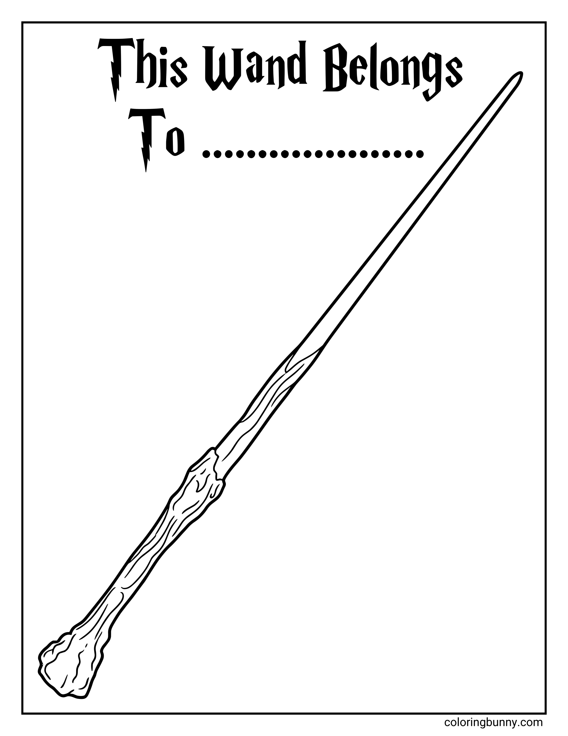 A Harry Potter wand coloring page featuring a detailed magic wand with “This Wand Belongs To” written at the top and a blank line for a name.