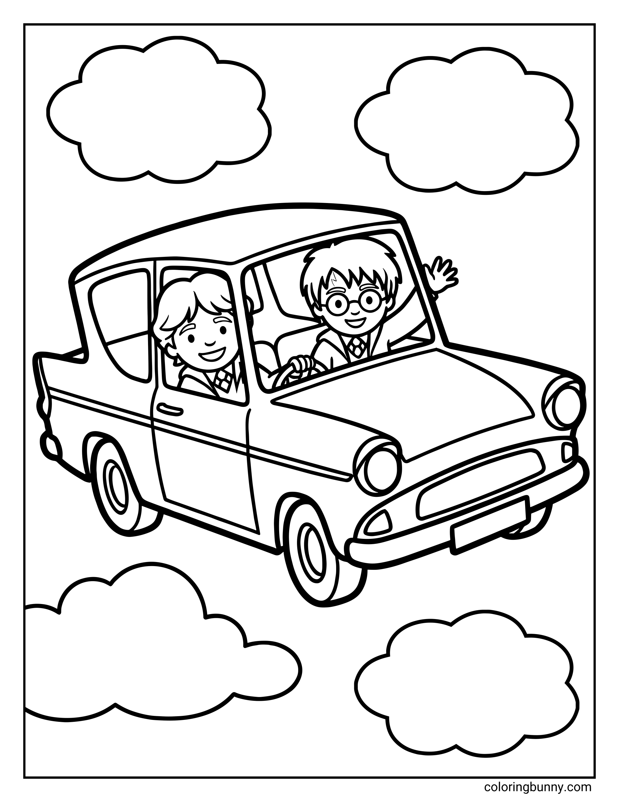 A Harry Potter coloring page featuring Ron Weasley and Harry Potter in the Flying Ford Anglia gliding through the sky surrounded by fluffy clouds. Ron smiles from the driver’s seat while Harry waves beside him.