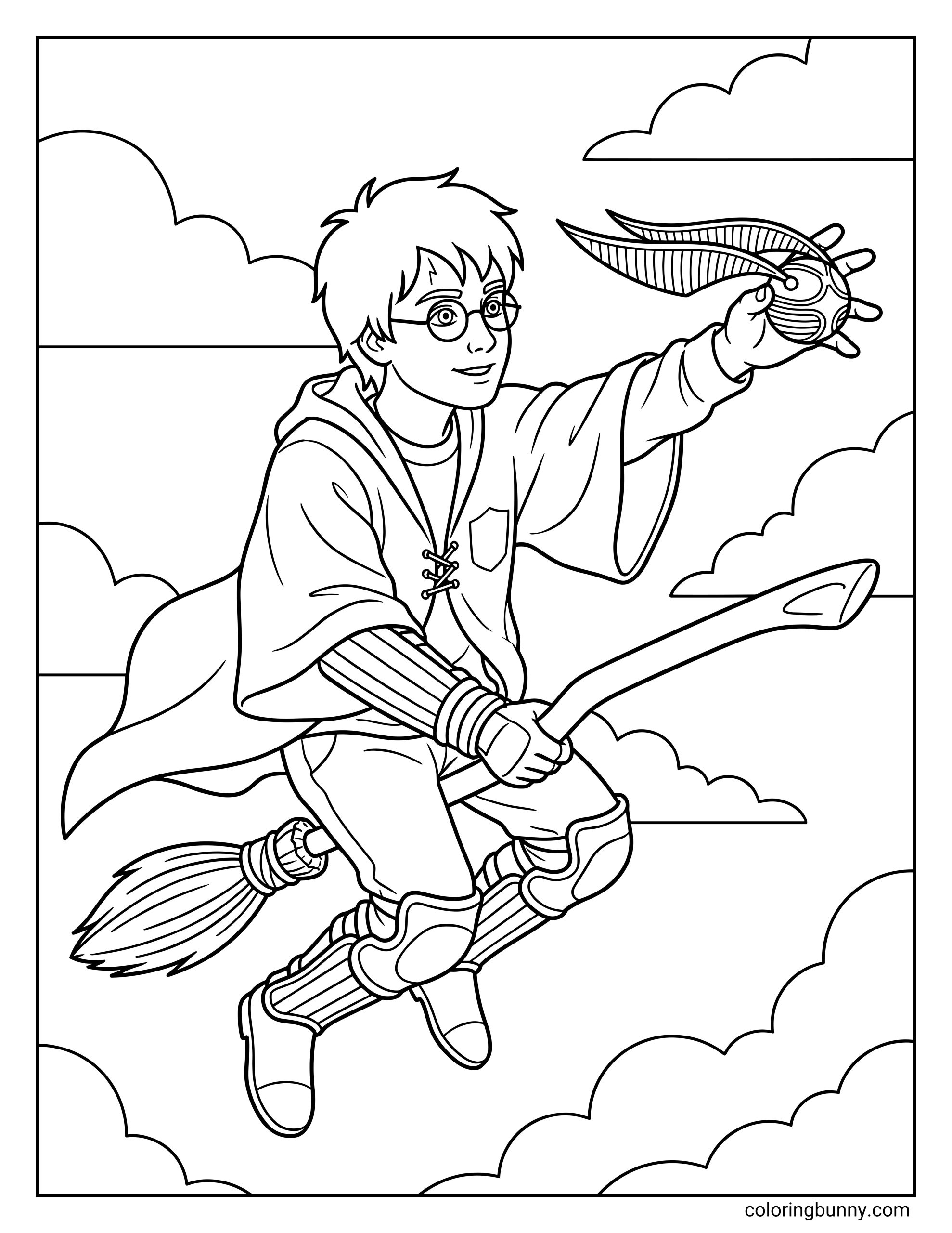 A coloring page of Harry Potter flying on a broomstick in full Quidditch gear, reaching out to catch the winged Golden Snitch against a cloudy sky.