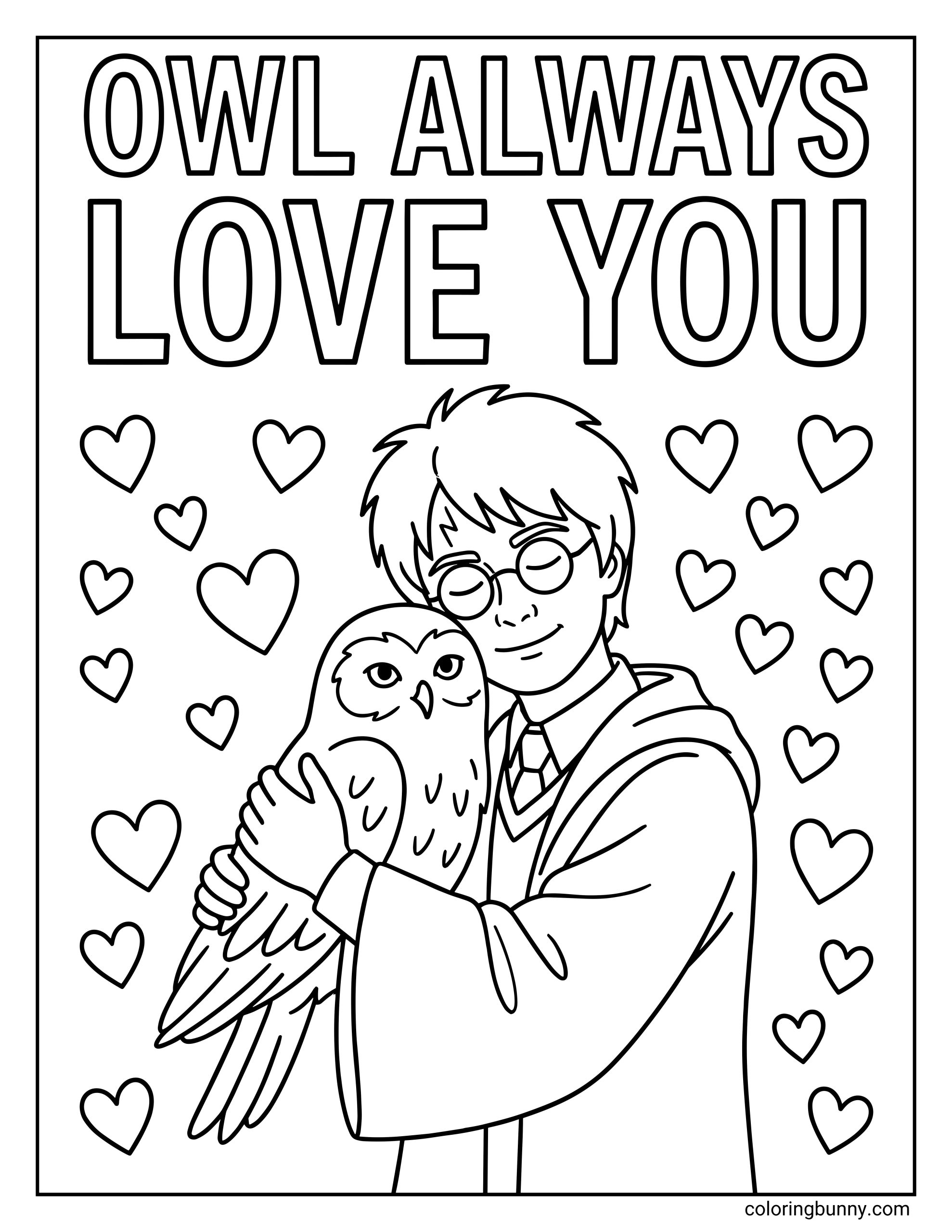 A Harry Potter coloring page featuring the young wizard with round glasses hugging his owl, Hedwig, while surrounded by hearts. Large text above reads “Owl Always Love You.” The scene shows a sweet and affectionate magical moment with a playful love-themed message.