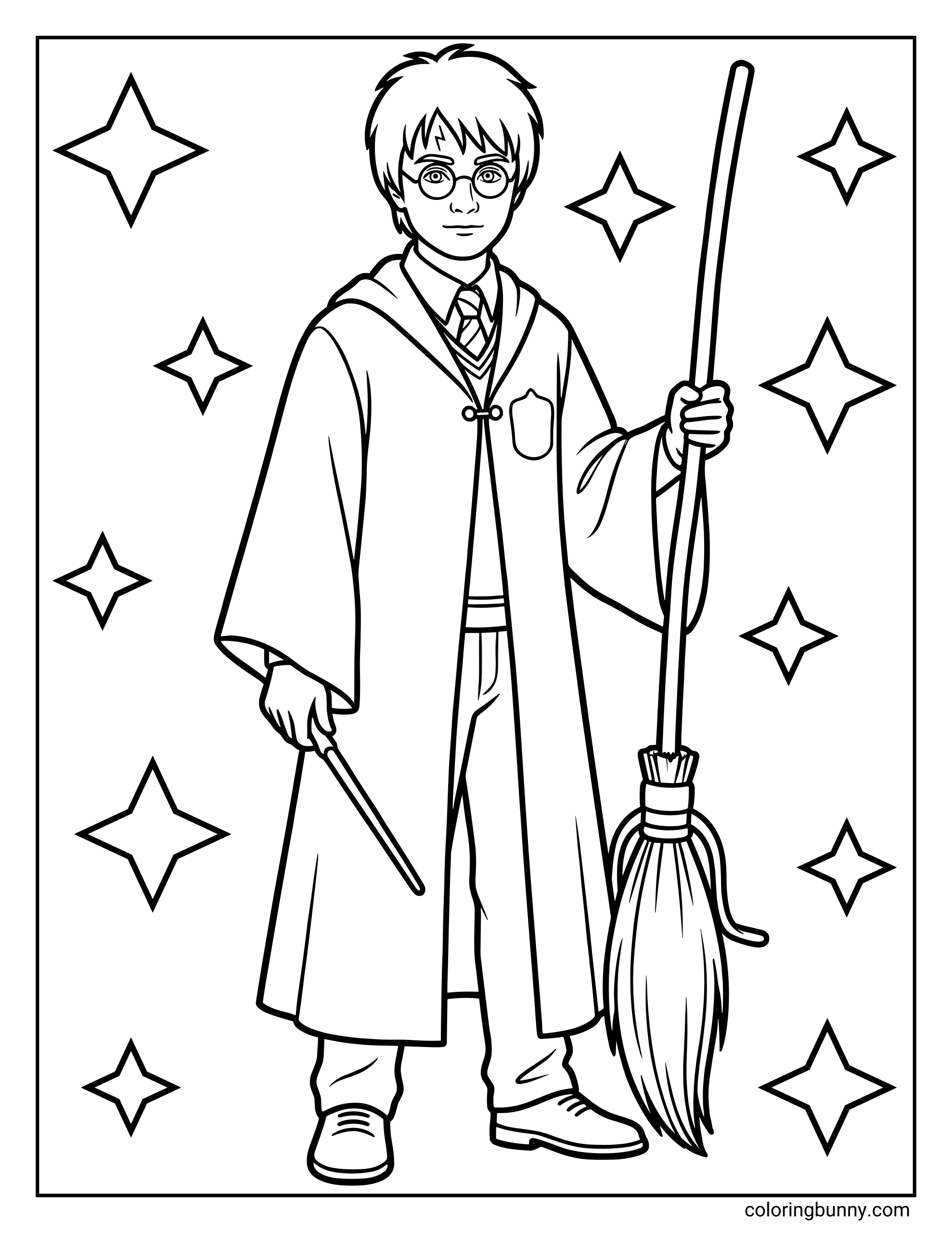 A Harry Potter coloring page featuring the wizard wearing round glasses and Gryffindor robes while holding a wand and a broom. Stars surround him, creating a magical background. The scene shows him ready for a flying adventure.