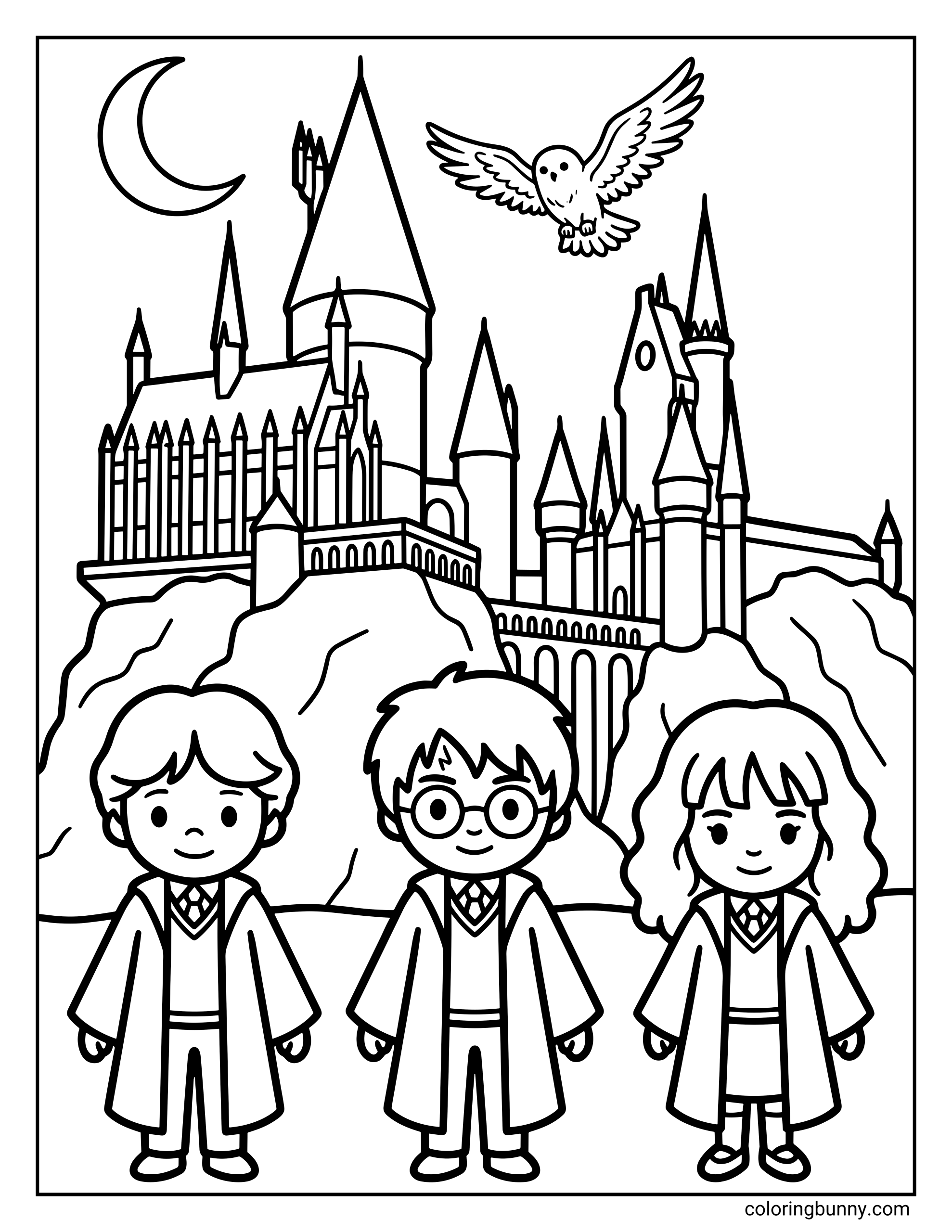 A Harry Potter coloring page featuring Ron Weasley, Harry Potter and Hermione Granger standing together in front of Hogwarts School castle with tall towers and bridges. Hedwig the owl flies above them near a crescent moon. The scene shows the friends wearing Gryffindor robes.