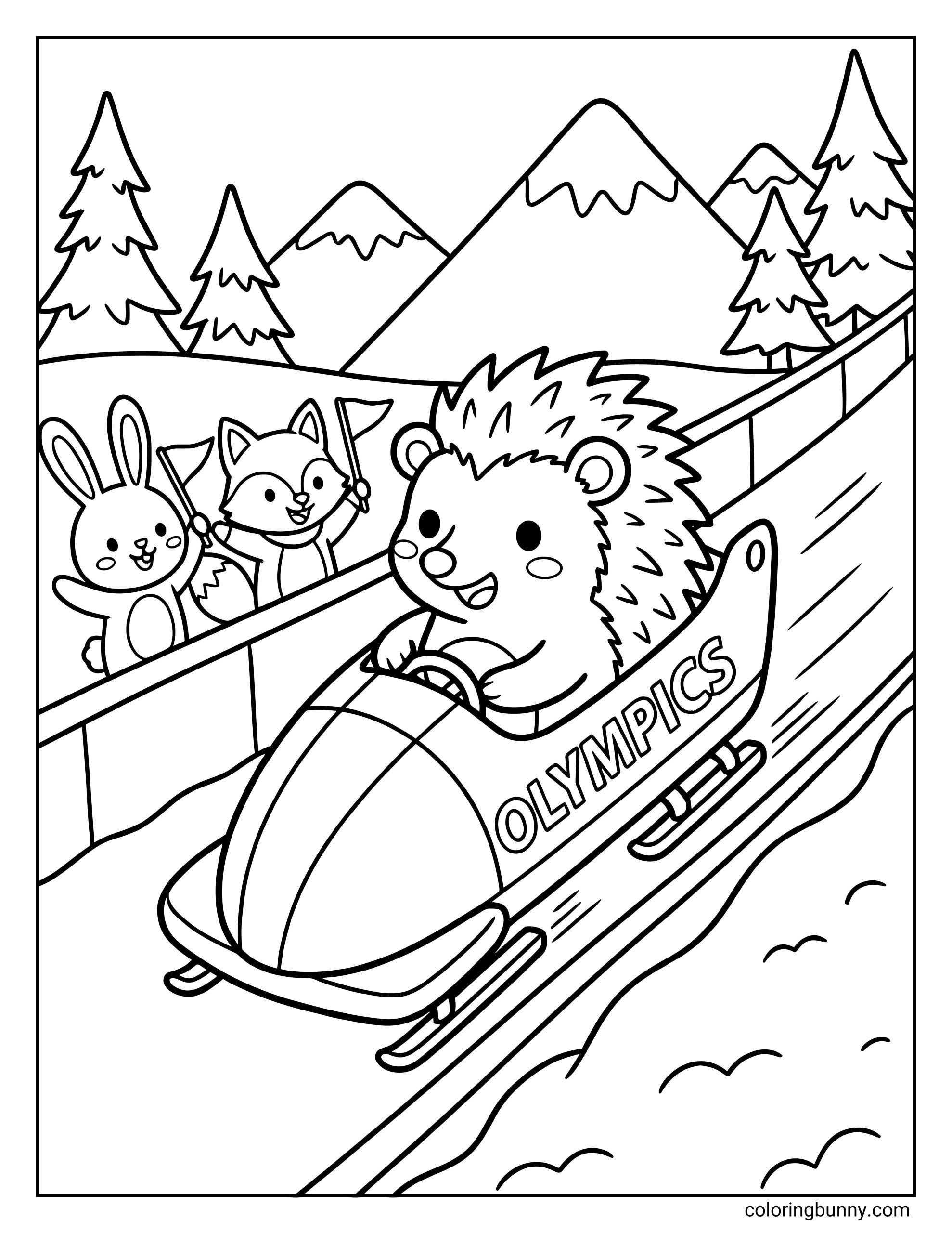 A cute Winter Olympics coloring page featuring a smiling hedgehog driving a bobsled down an icy track. A bunny and fox cheer from behind the barrier with small flags, while snowy mountains and pine trees appear in the background.