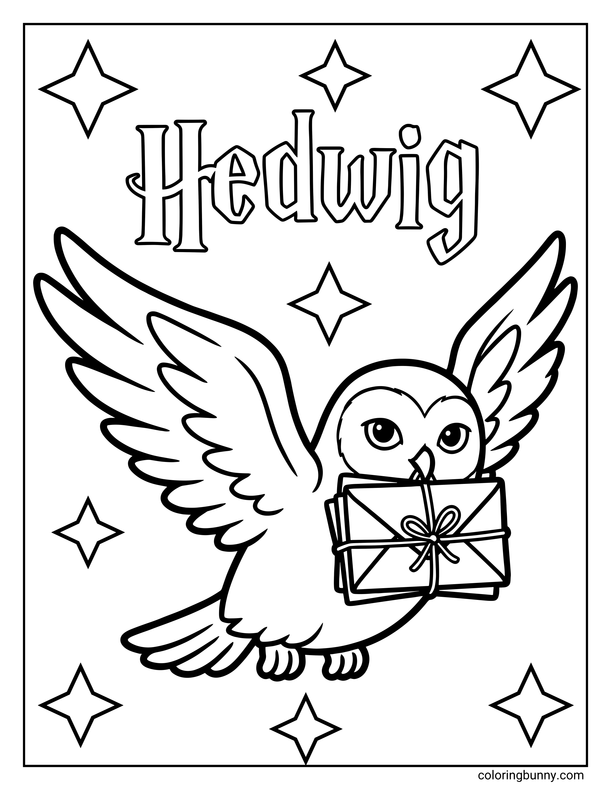 A Hedwig coloring page featuring a winged owl flying while carrying a stack of letters tied with a ribbon in its beak. Stars surround the owl, and the name “Hedwig” is written at the top in magical lettering. The scene shows a charming magical mail delivery moment.