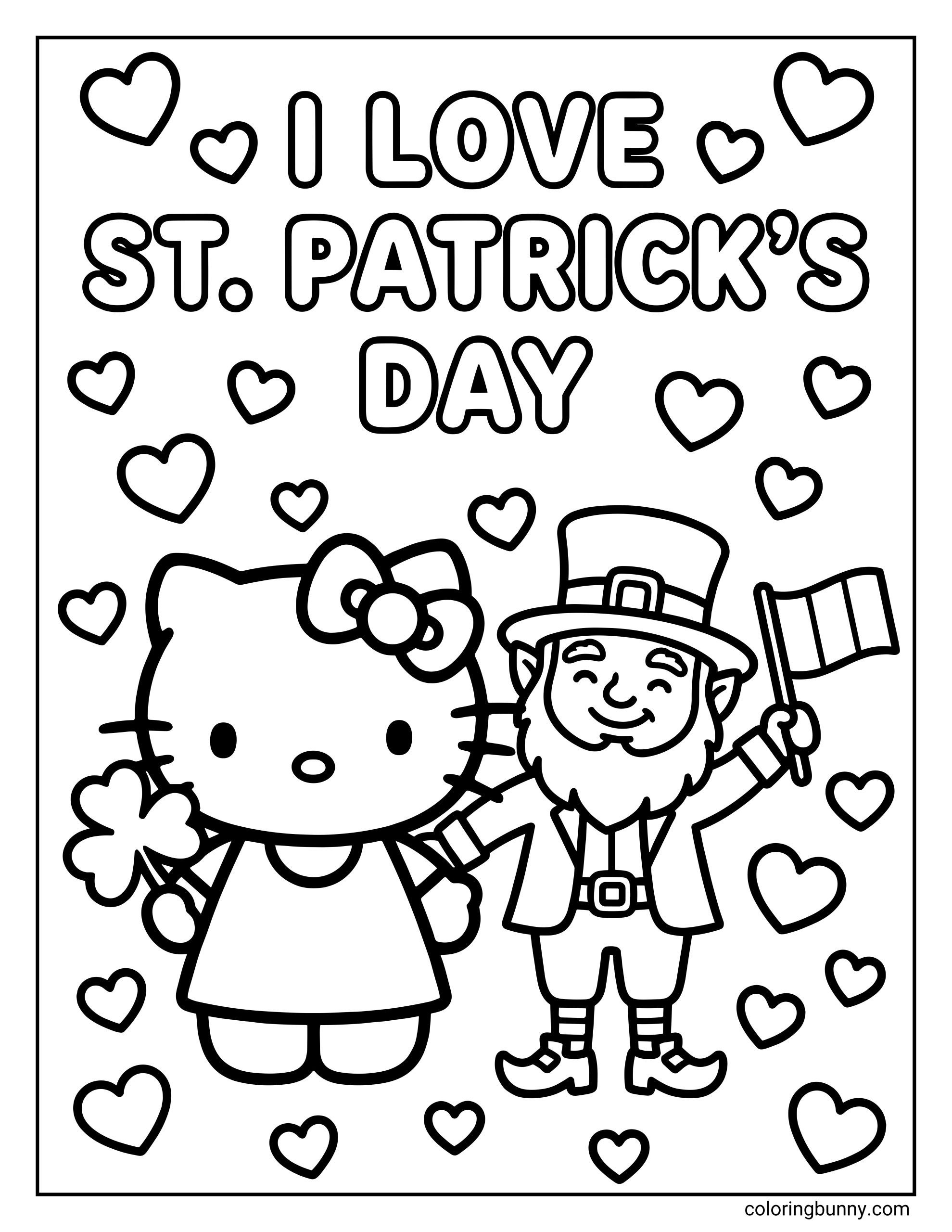 A coloring page of Hello Kitty and a smiling leprechaun celebrating St. Patrick’s Day, surrounded by hearts and holding a shamrock and Irish flag beneath “I Love St. Patrick’s Day” text in a black and white printable design.