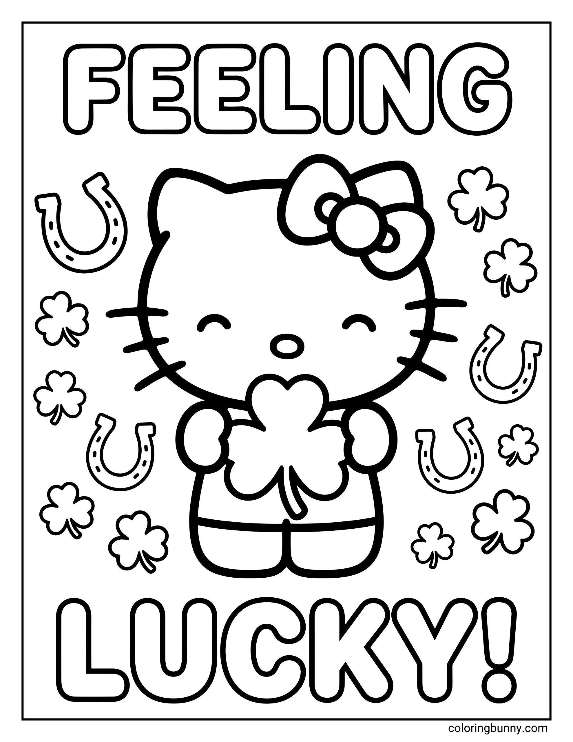 A Hello Kitty St. Patrick’s Day coloring page featuring Hello Kitty holding a shamrock with “Feeling Lucky” text, surrounded by clovers and horseshoes in a black and white printable design.