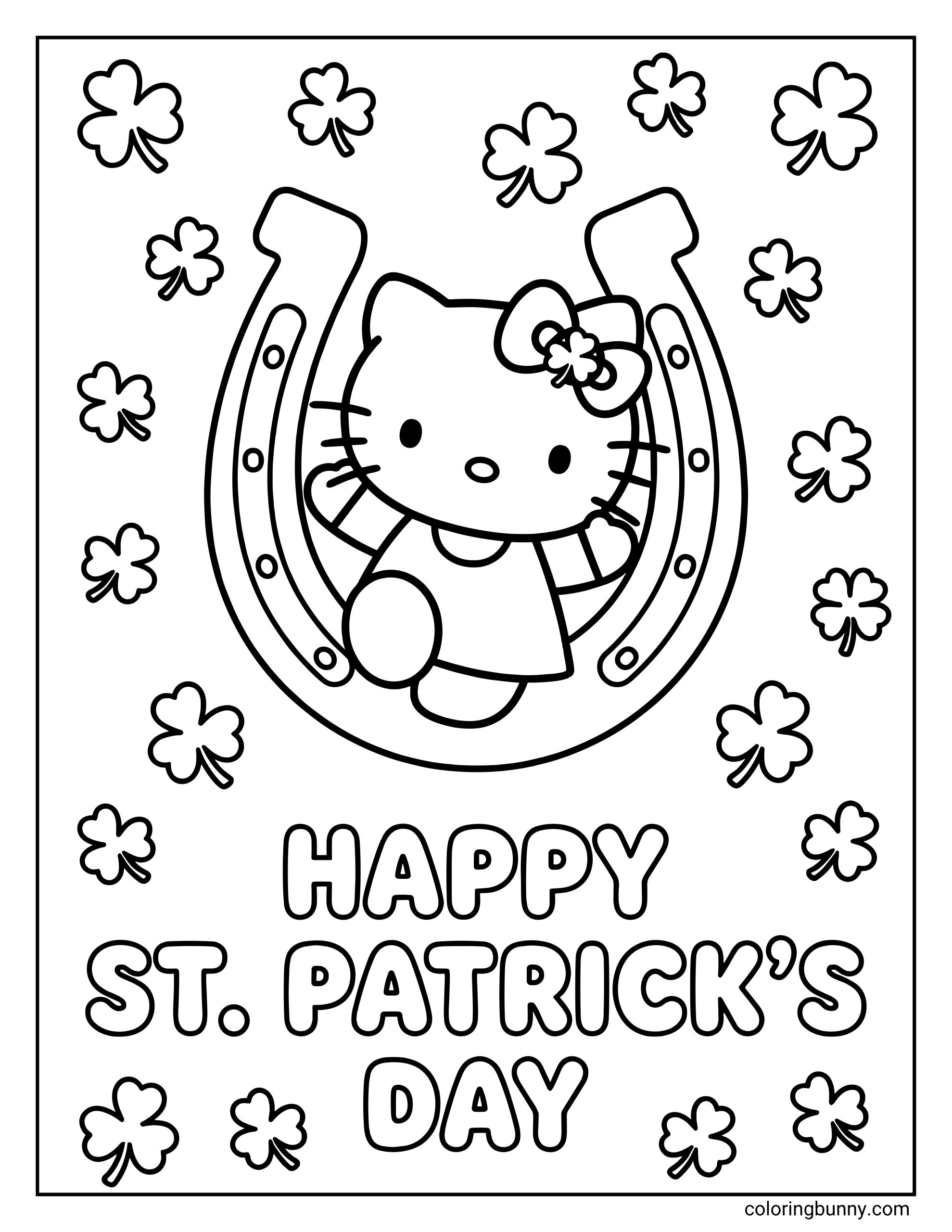 Alt text: Hello Kitty St. Patrick’s Day coloring sheet featuring Hello Kitty inside a large lucky horseshoe, surrounded by shamrocks with “Happy St. Patrick’s Day” text at the bottom.
