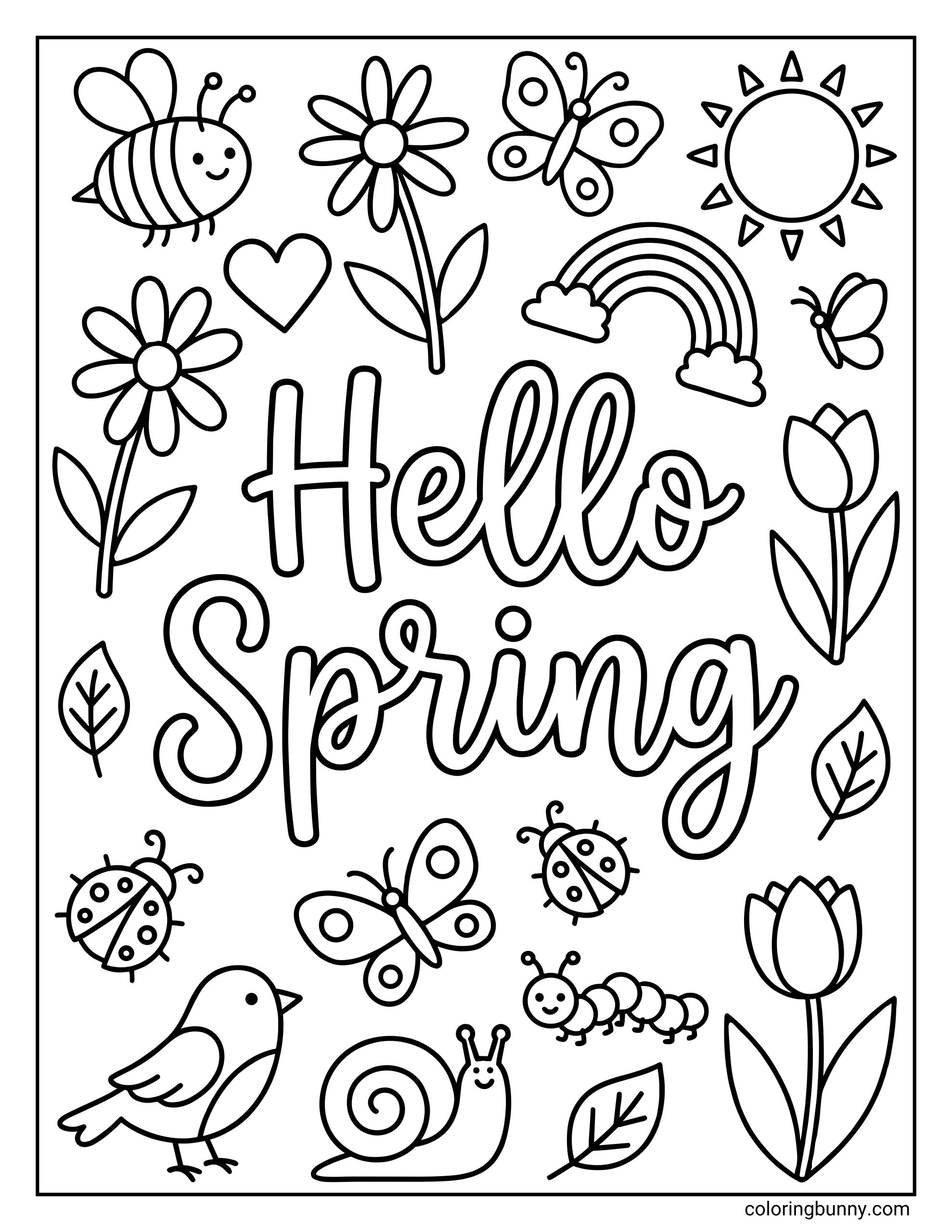 A Spring coloring sheet featuring the text "Hello Spring" surrounded by nature doodles including a bee, butterfly, ladybugs, snail, bird, flowers, a rainbow, and a smiling sun.