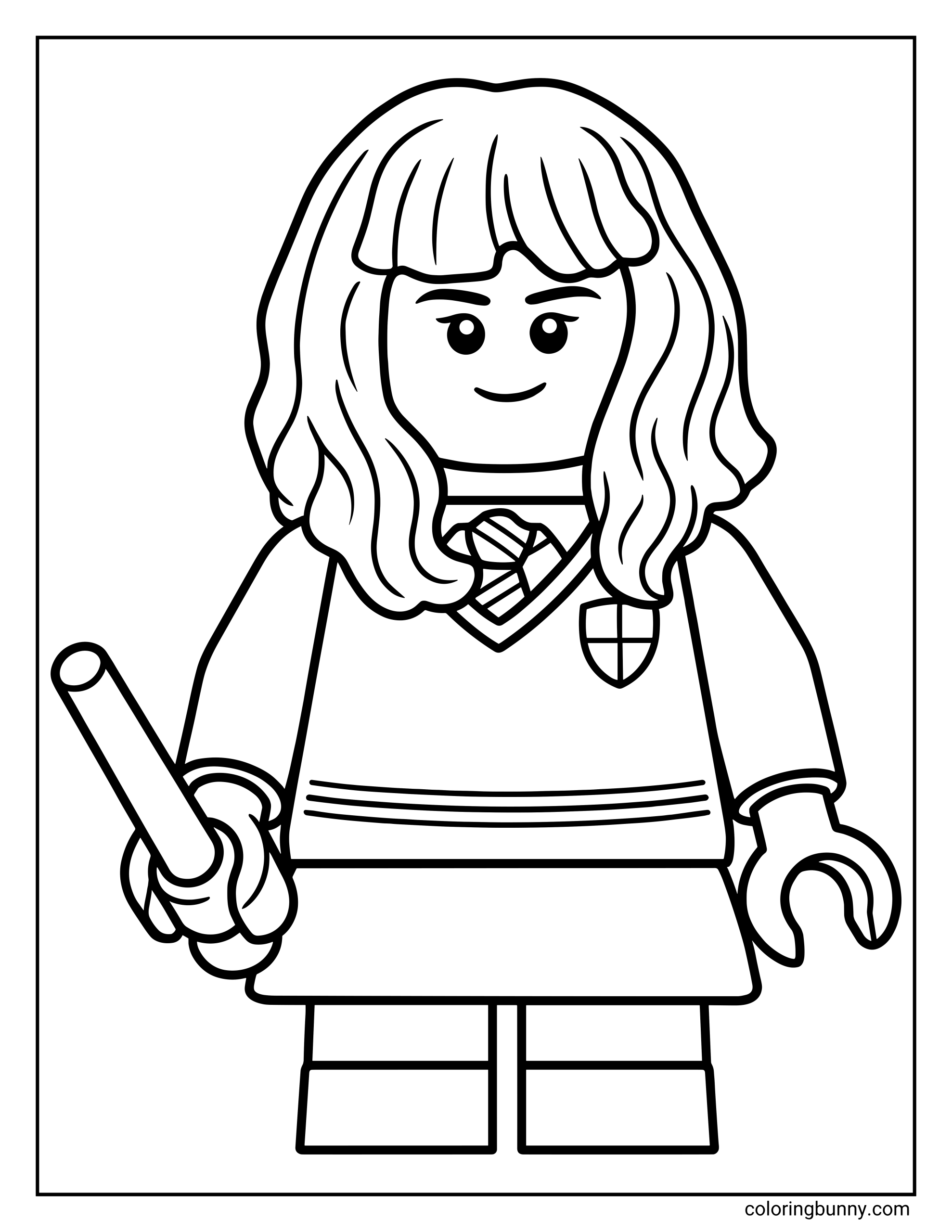 A simple LEGO Hermione Granger minifigure coloring page featuring the Hogwarts student holding a wand.