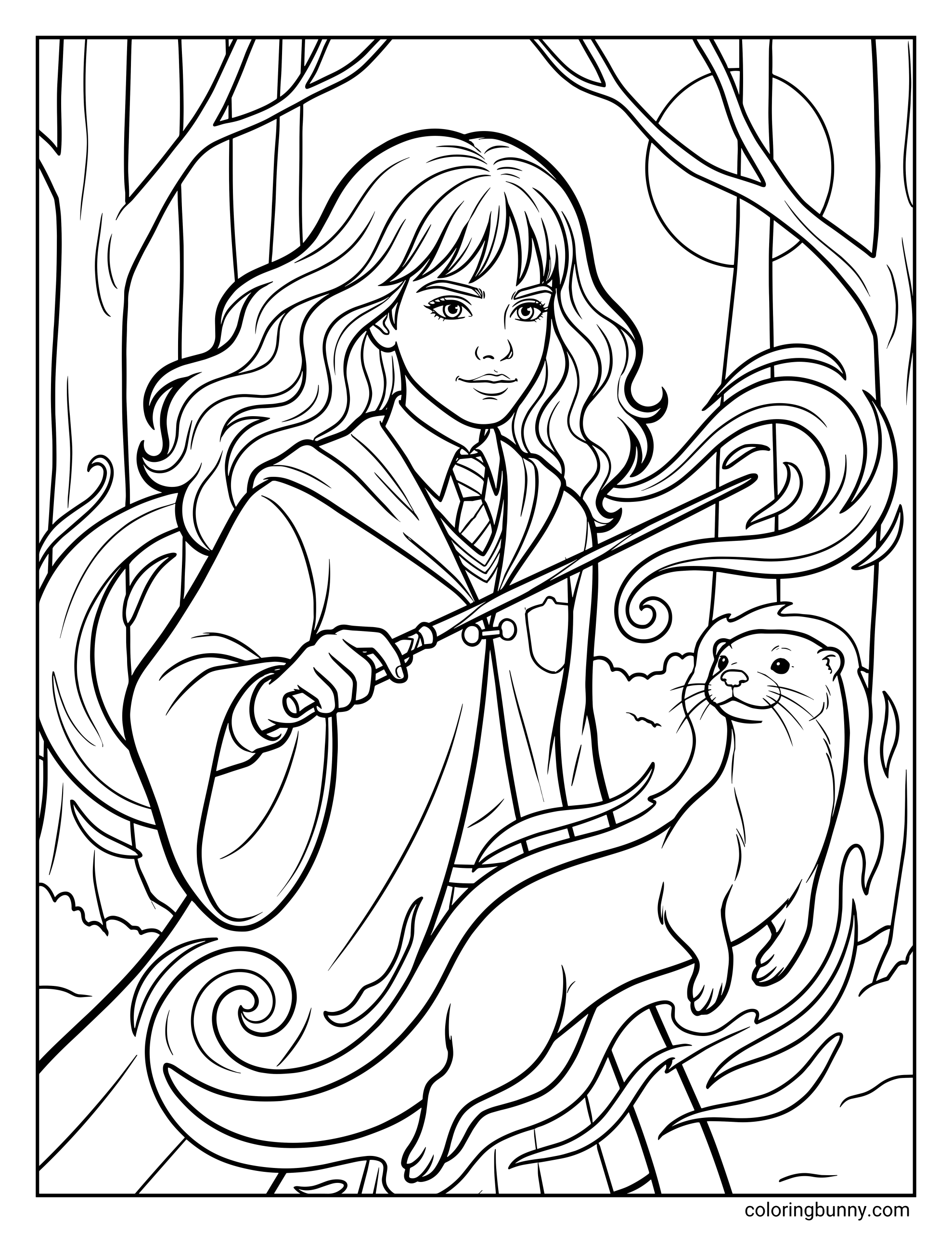 A Hermione Granger Patronus coloring page featuring Hermione holding her wand in a forest at night. Magical energy swirls from her wand as an otter Patronus appears beside her. Trees and the moon create a mystical woodland setting.