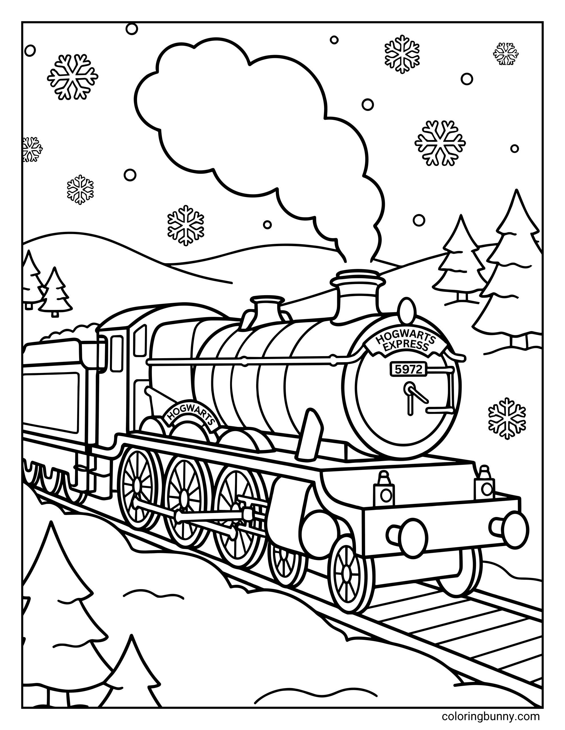 A Hogwarts Express coloring page featuring the steam train labeled “Hogwarts Express 5972” traveling along snowy tracks with falling snowflakes and pine trees.