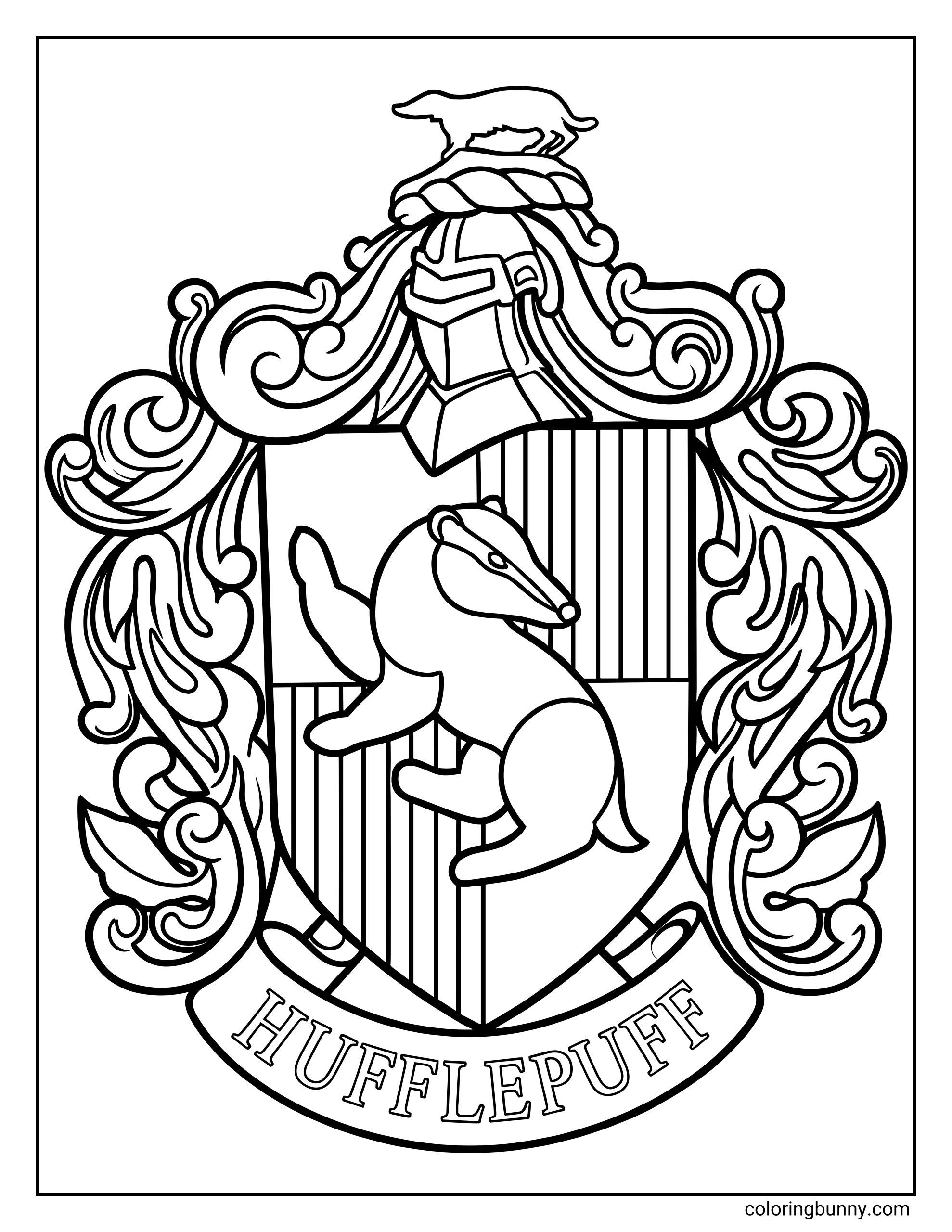 A Hufflepuff crest coloring page featuring a shield with a badger standing in the center. The shield is topped with a knight’s helmet and surrounded by detailed scrollwork and decorative shapes. A banner at the bottom reads “Hufflepuff,” forming a classic and detailed magical house emblem.