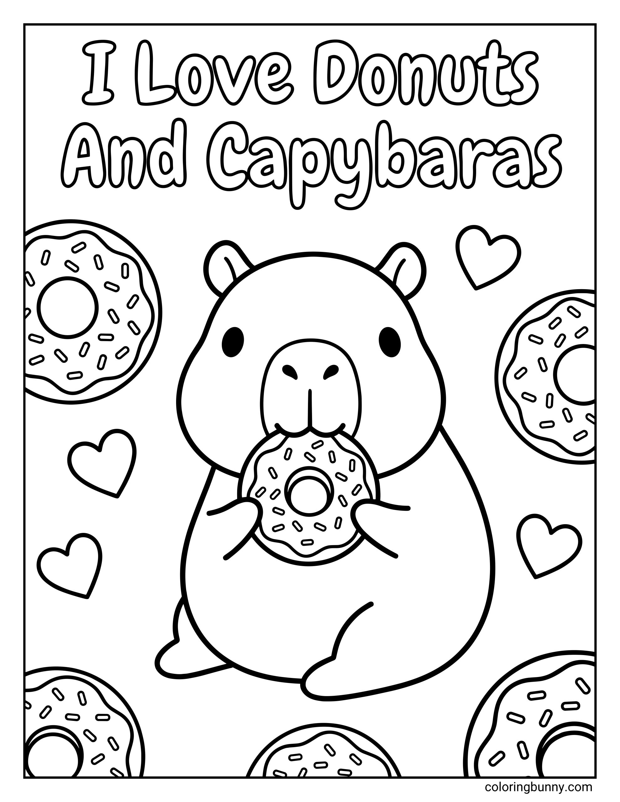An “I Love Donuts And Capybaras” coloring page featuring a cute capybara holding and eating a sprinkled donut, surrounded by hearts and donuts, with bold text at the top.