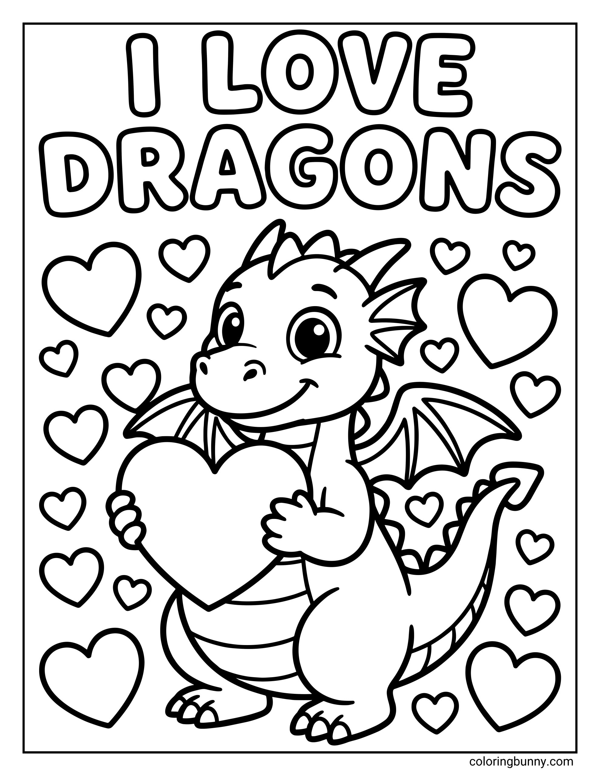 An βI Love Dragonsβ coloring page featuring a cute smiling dragon holding a large heart, surrounded by many floating hearts.