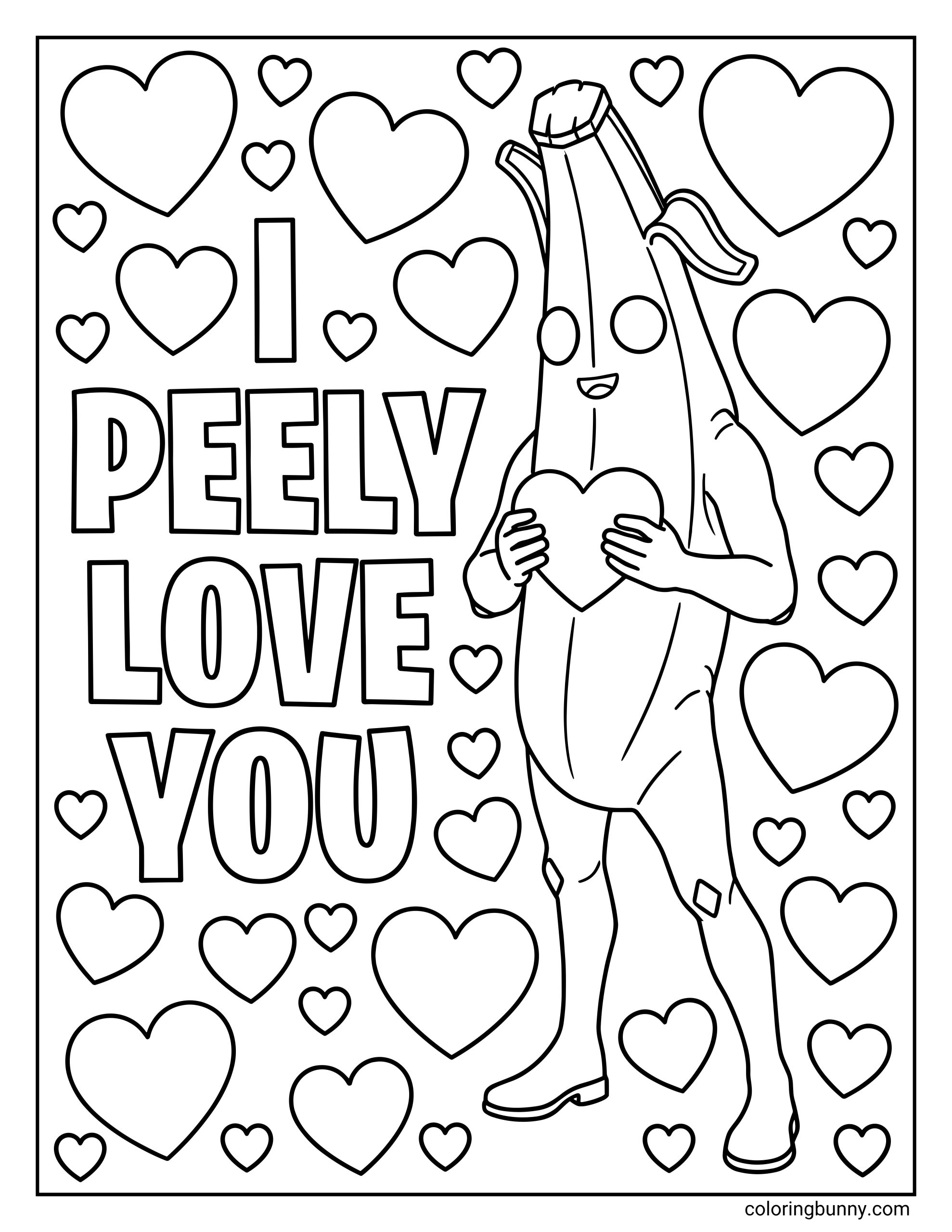 A Fornite Valentine's Day coloring sheet featuring the Fortnite character Peely holding a heart, surrounded by the pun "I PEELY LOVE YOU" and many floating hearts.