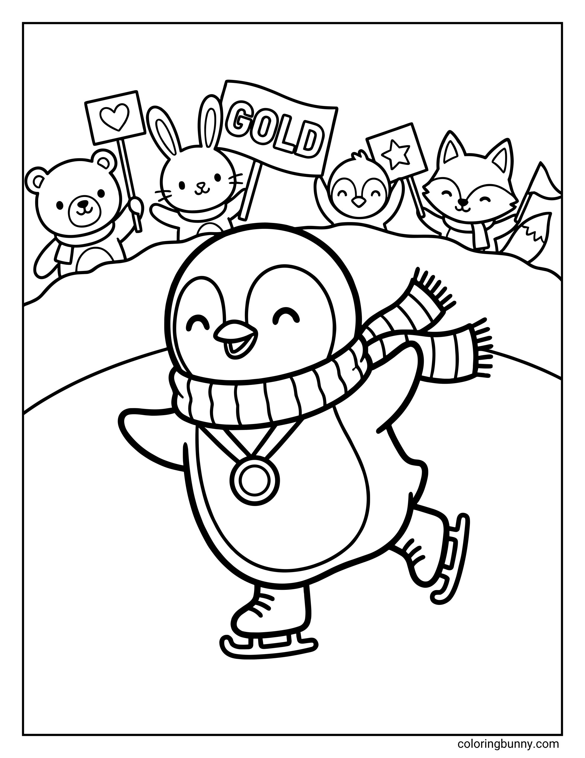 A cute Winter Olympics coloring page featuring a smiling penguin wearing a scarf and a gold medal while ice skating. Friends in the background hold signs that say “Gold” and wave flags in celebration.